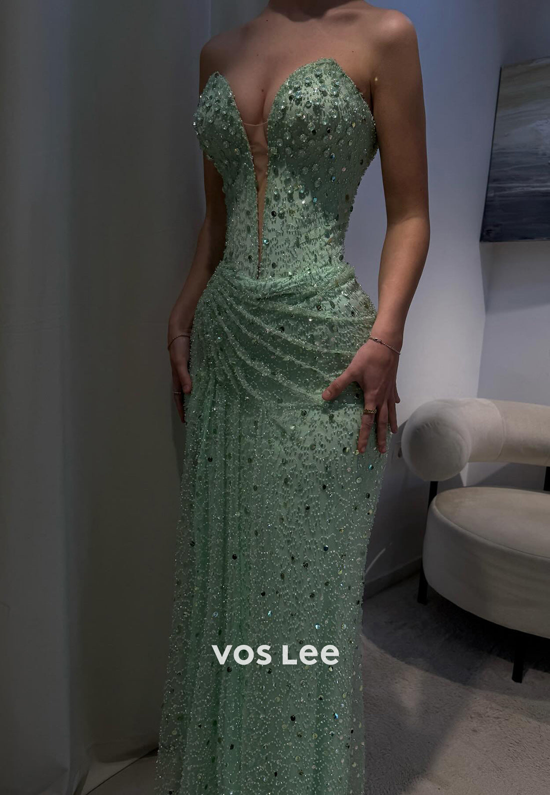 Mint Green Sequins Beaded Sweetheart Strapless Mermaid Evening Dresses with Hihg Spilt