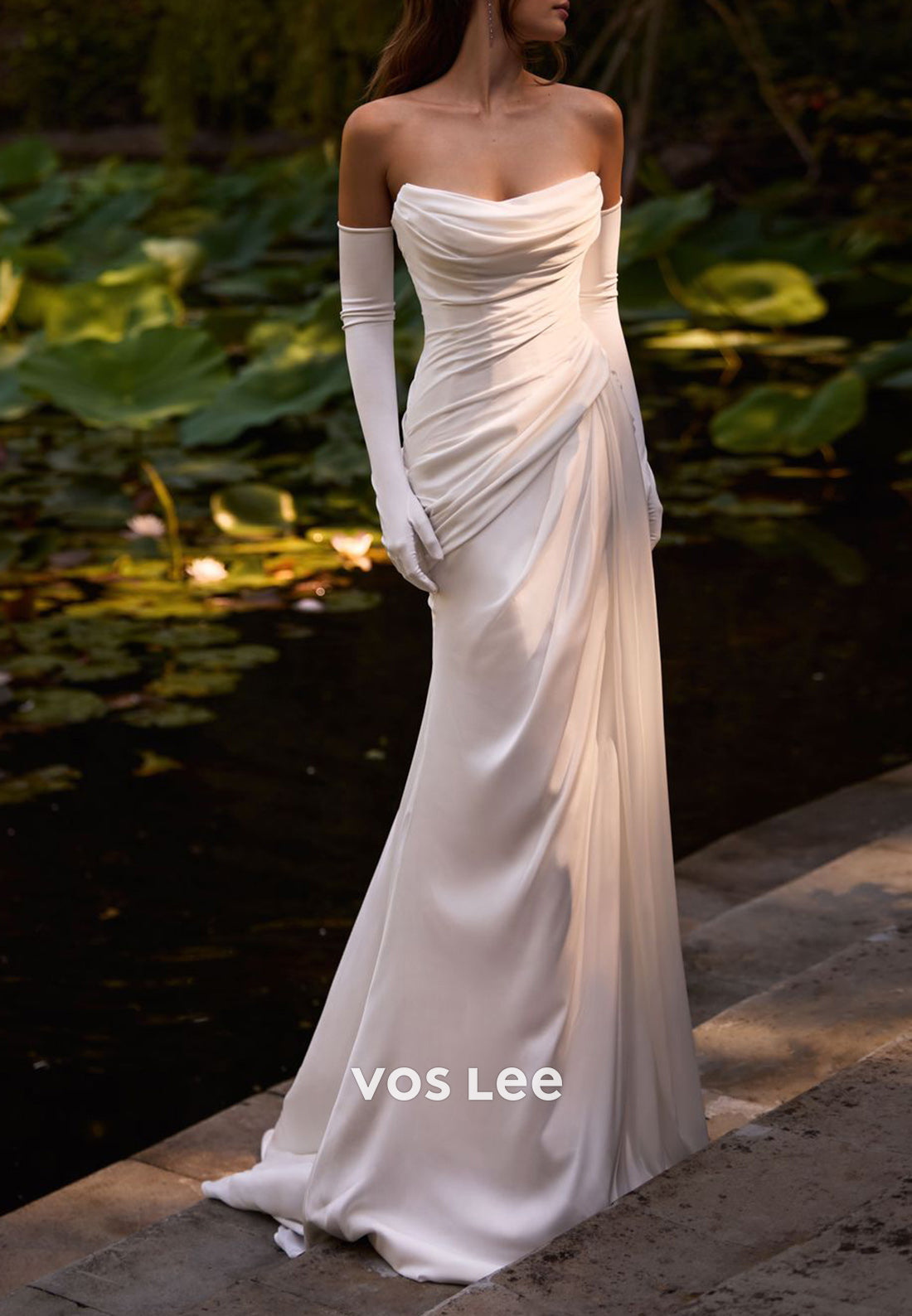 Glamorous & Dramatic Strapless Pleated Mermaid Wedding Dresses with Sweep Train