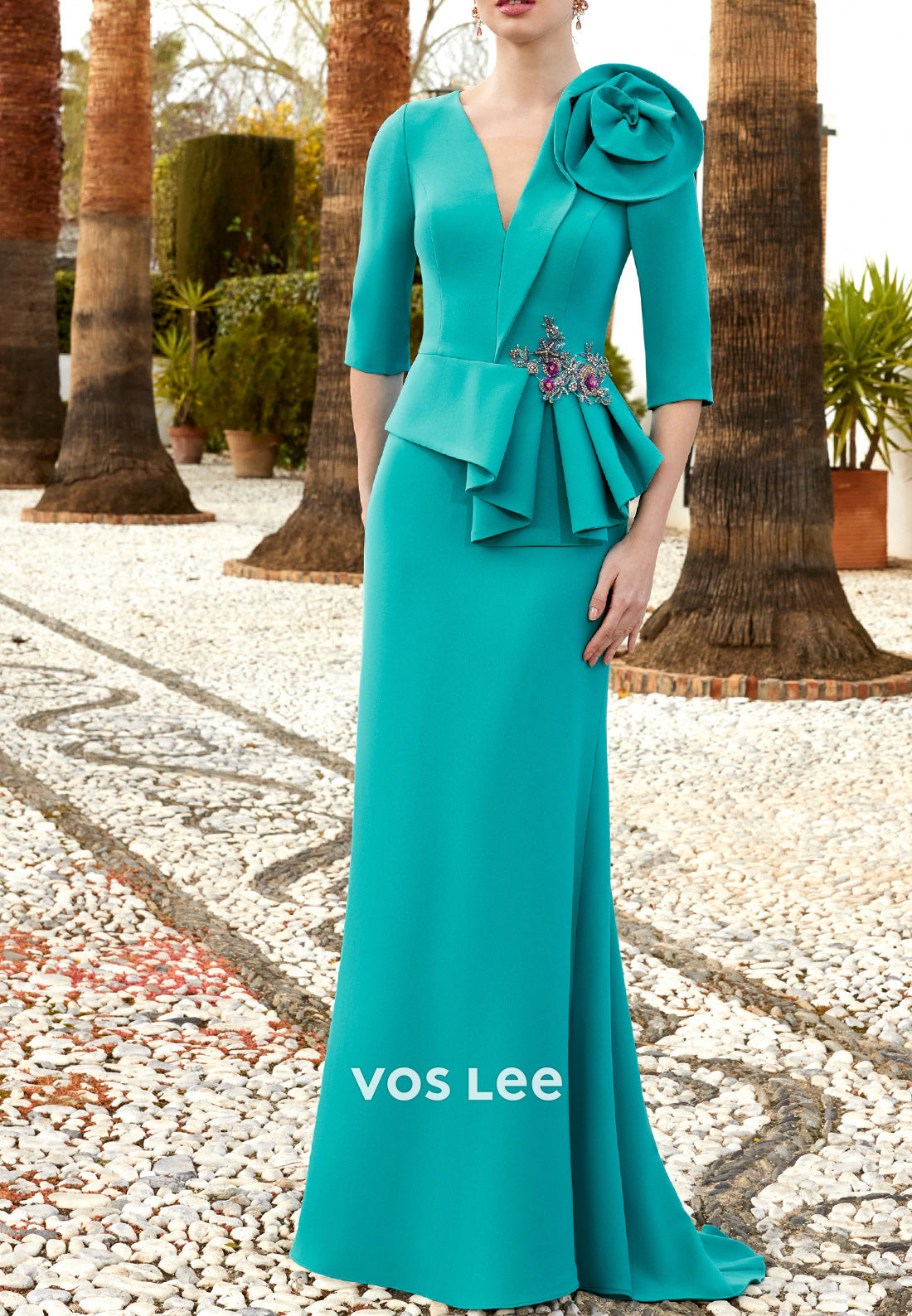 3/4 Sleeve V Neck Floral Embossed Rhinestone Pleated Sheath Mother of Bride Dress