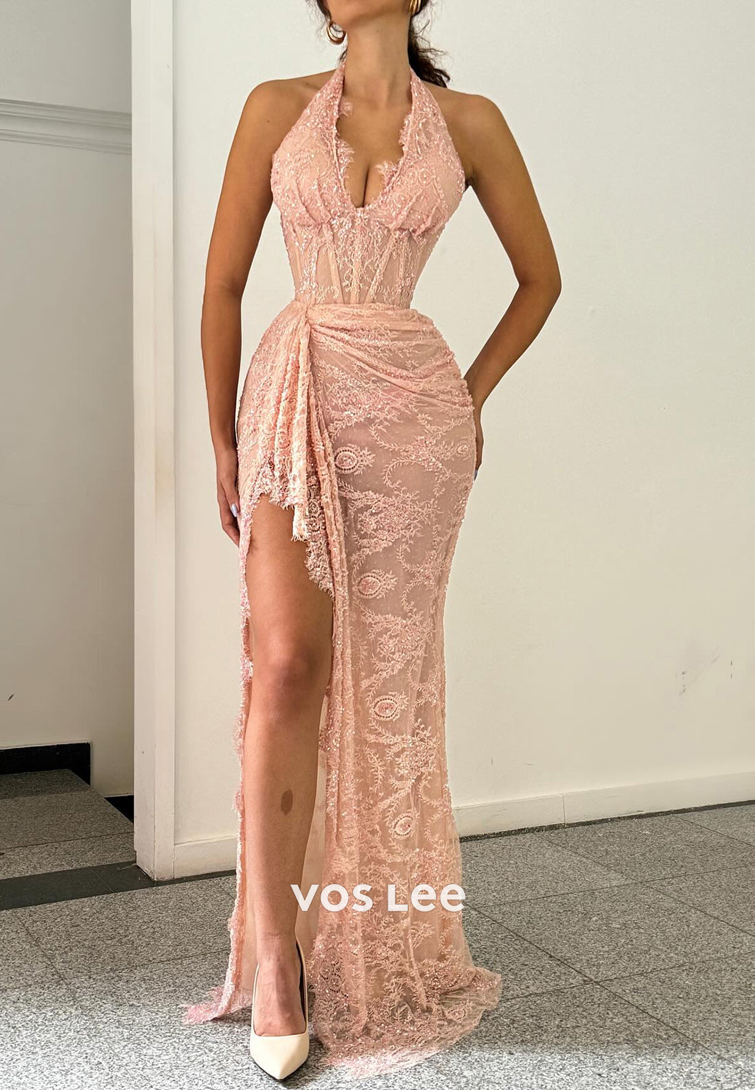 Gorgeous & Sexy Halter Appliques Lace Pleated Mermaid Evening Dresses with High Split