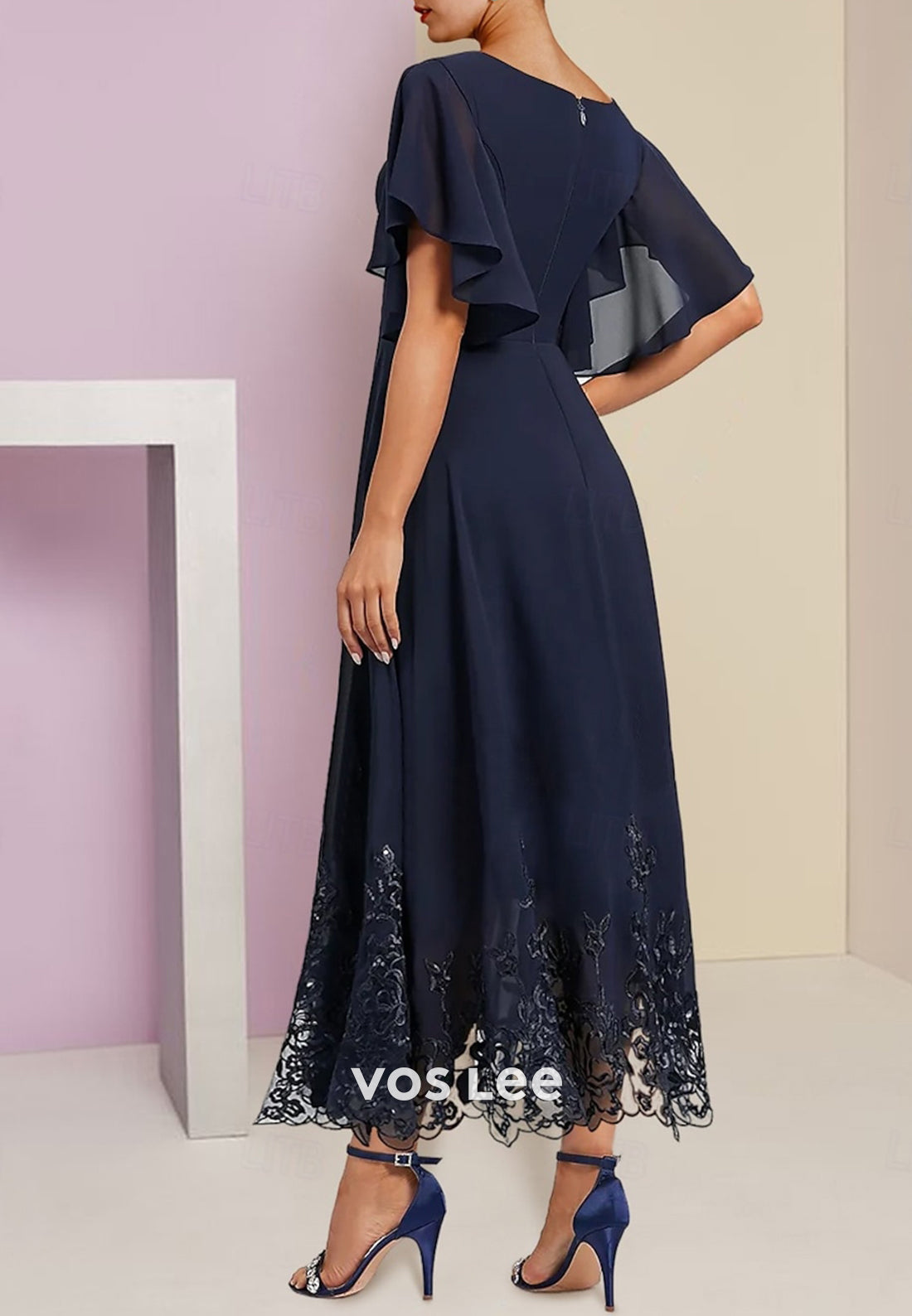 Dark Navy Flutter Sleeves V Neck Ankle-Length Mother of Bride Dresses