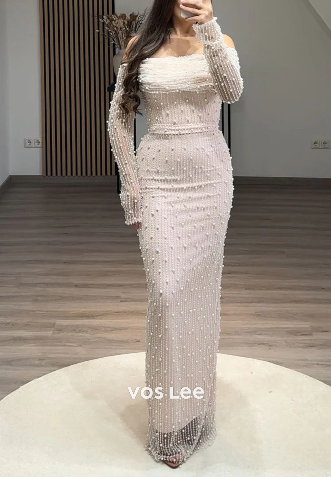 Long Sleeve Off-Shoulder Pearls Beaded Lace Mermaid Evening Dresses with Split