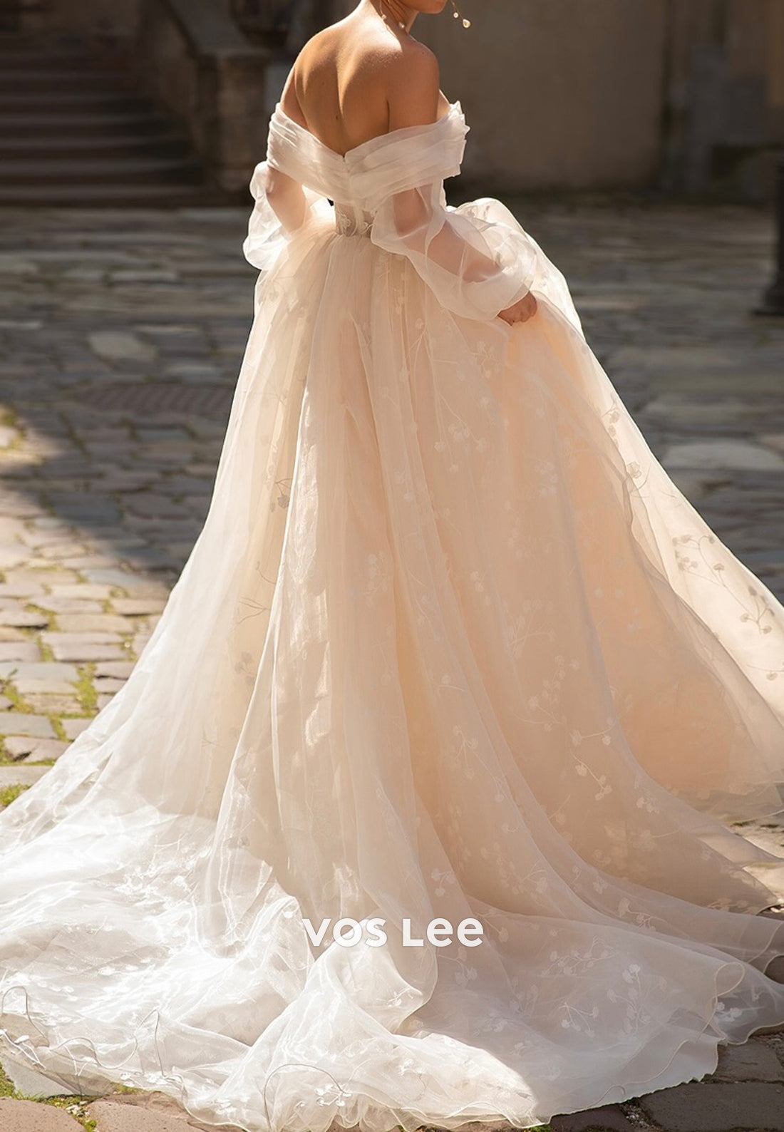 Long Sleeve Off the Shoulder Appliqued Wedding Dresses with Cathedral Train
