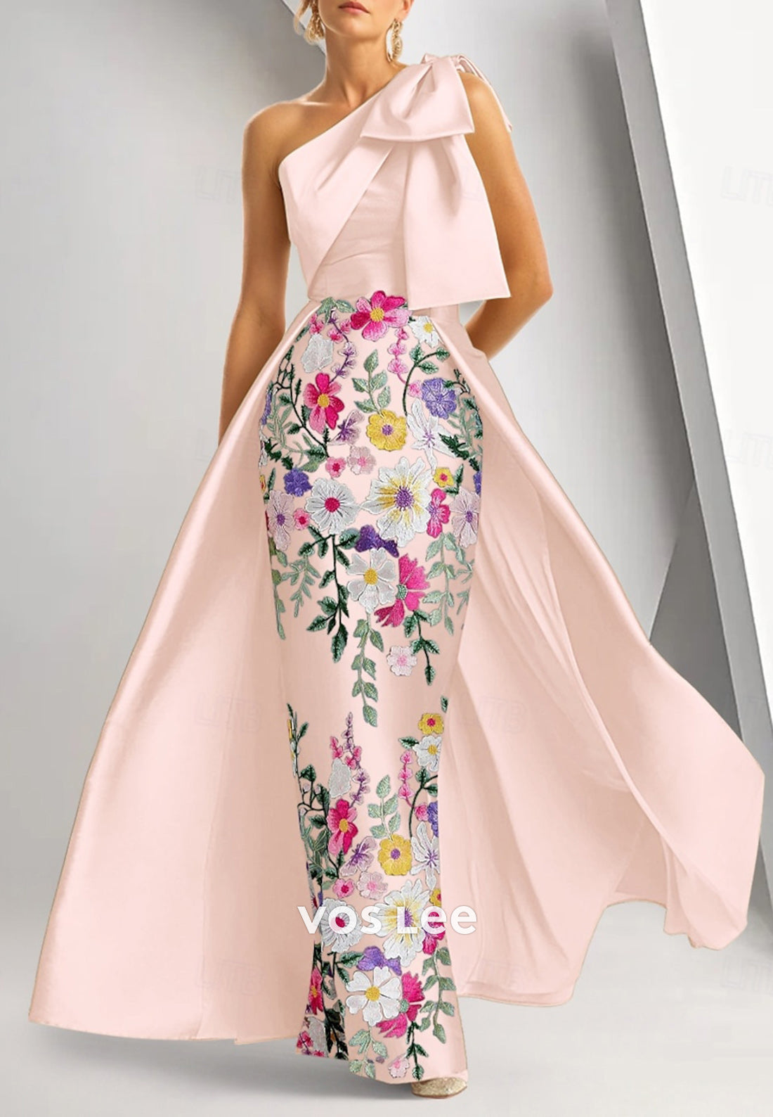 One Shoulder Bowknot Appliqued Embellished Floor-Length Mother of Bride Dresses