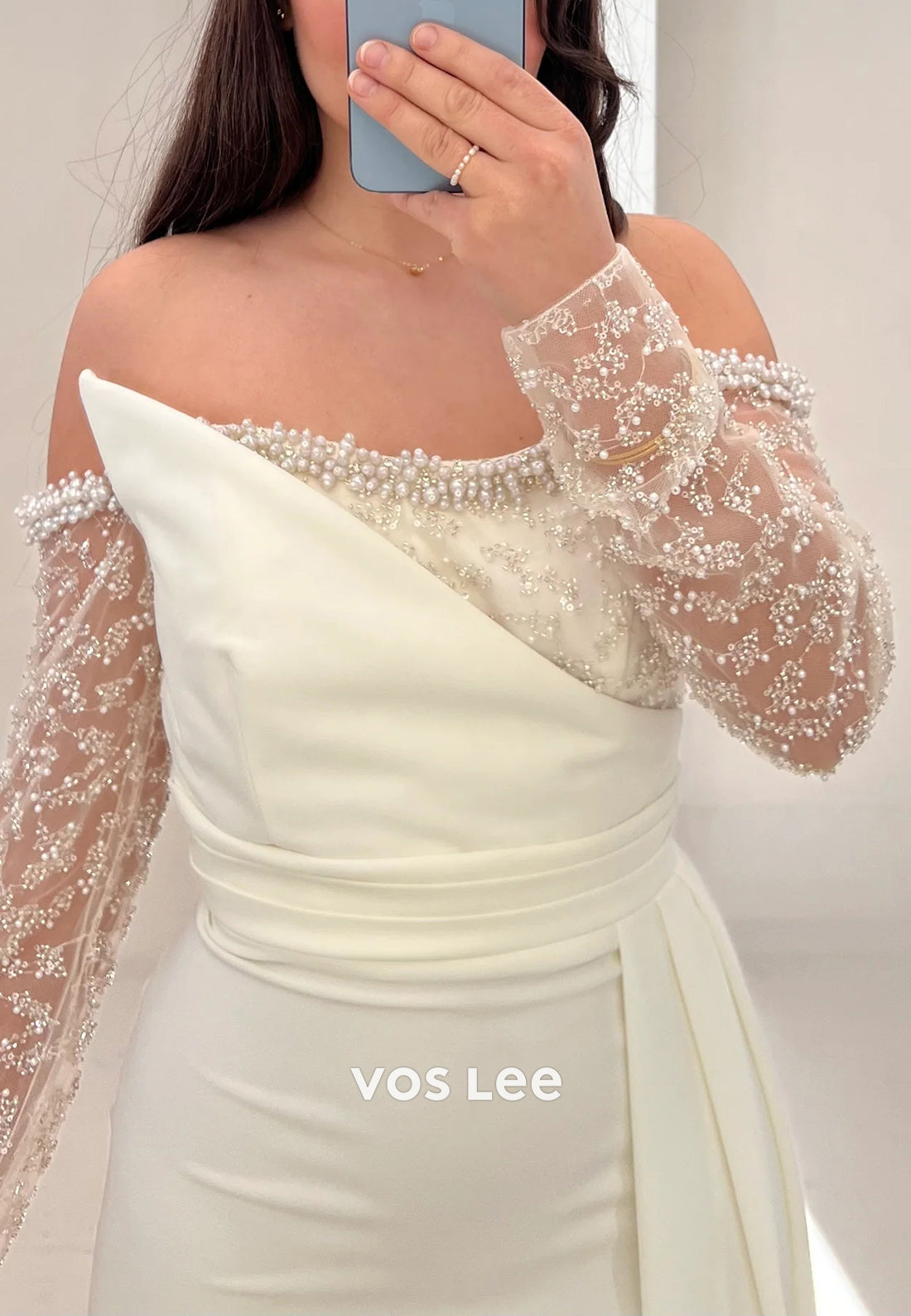 Long Sleeve Off the Shoulder Beading Pleated Mermaid Evening Dresses with Sweep Train