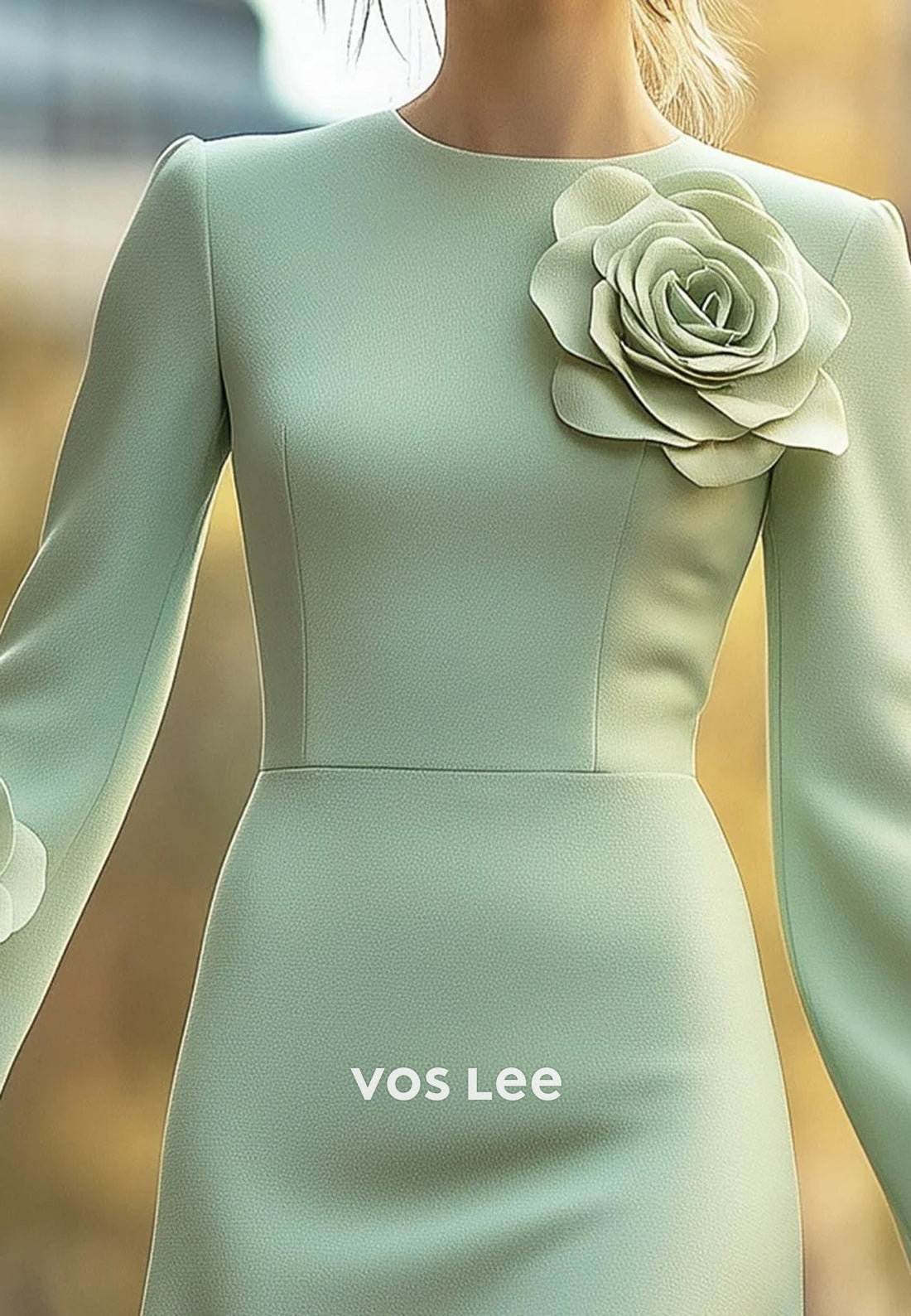 Bell Sleeves Scoop Flowers Embellished Tea-Length Mermaid Wedding Guest Dresses