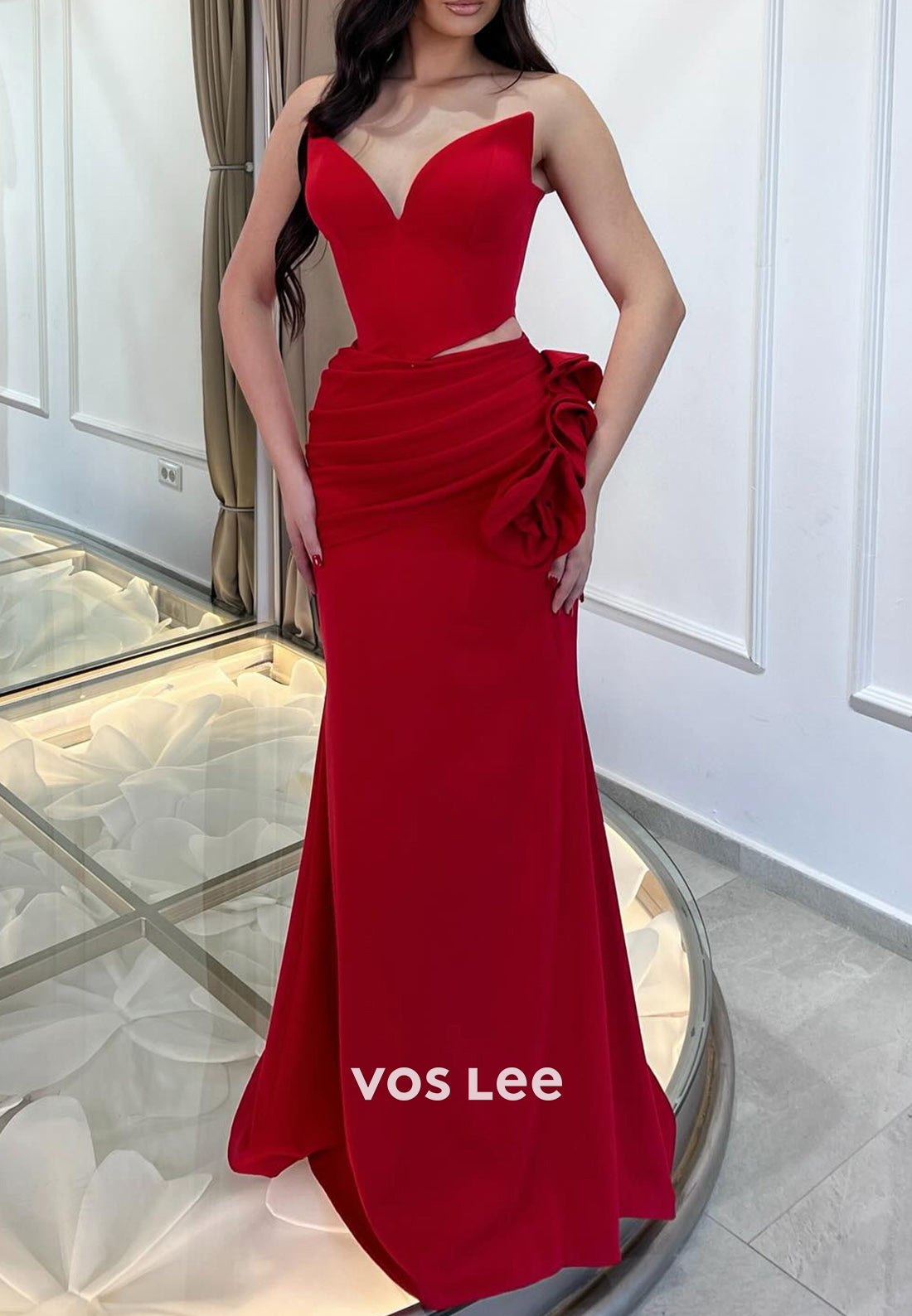 Sexy & Hot V Neck Strapless Flowers Pleated Mermaid Floor-Length Evening Dresses