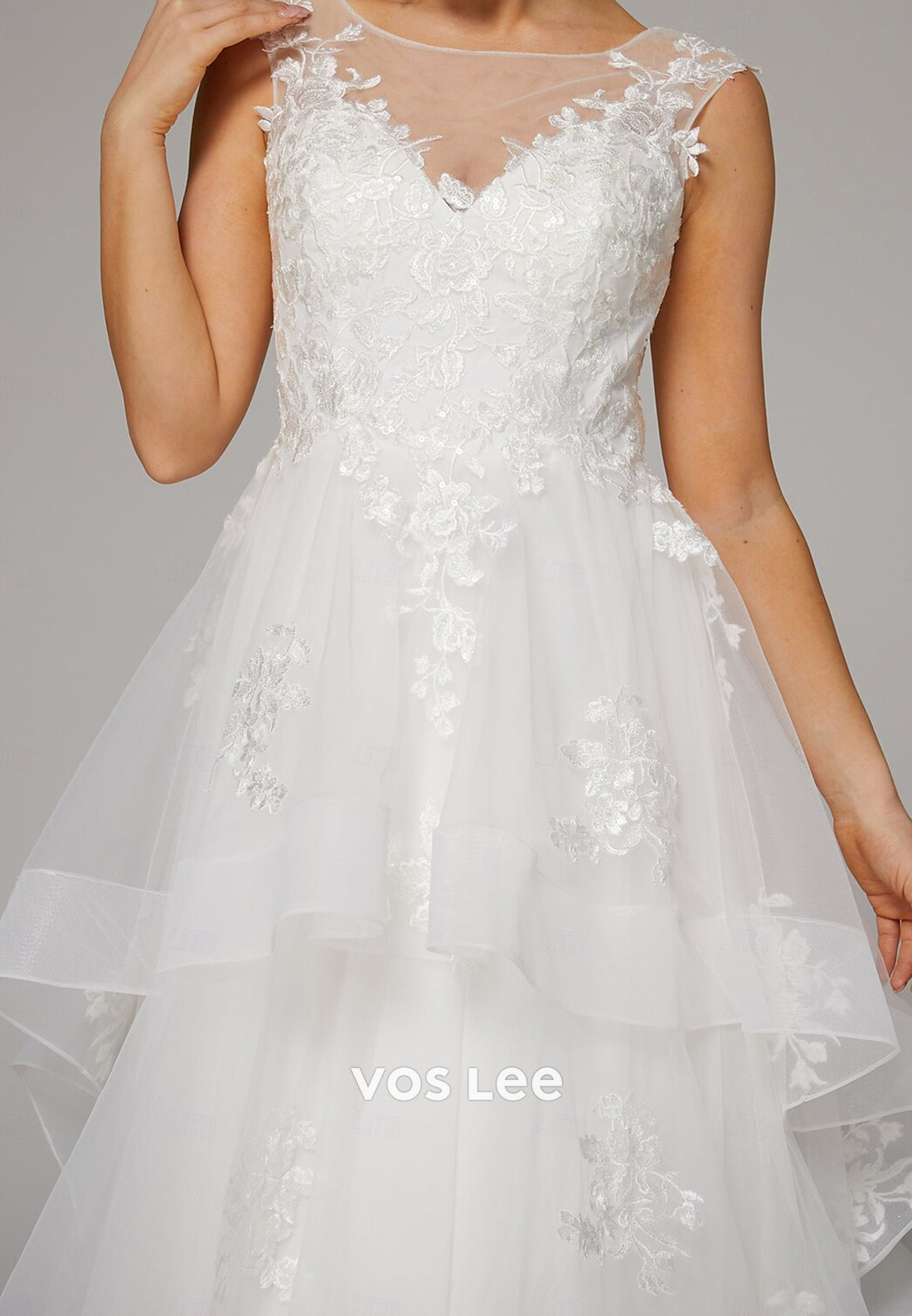 A-Line Illusion Neck Appliques Lace Beach Pleated Wedding Dresses with Sweep Train