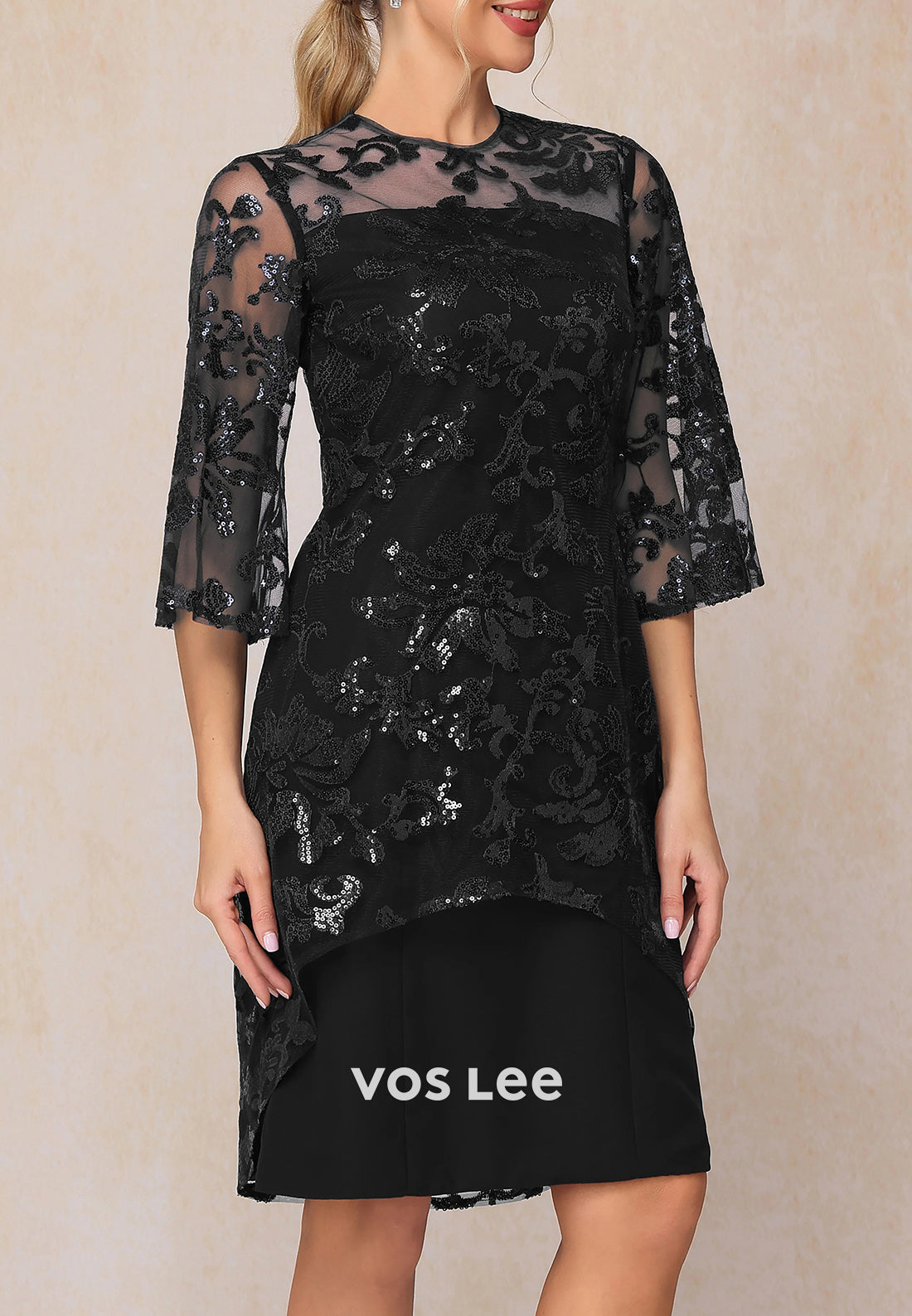 Elegant Half Sleeve Illusion Neck Appliqued Sequins Knee-Length Mother of Bride Dresses