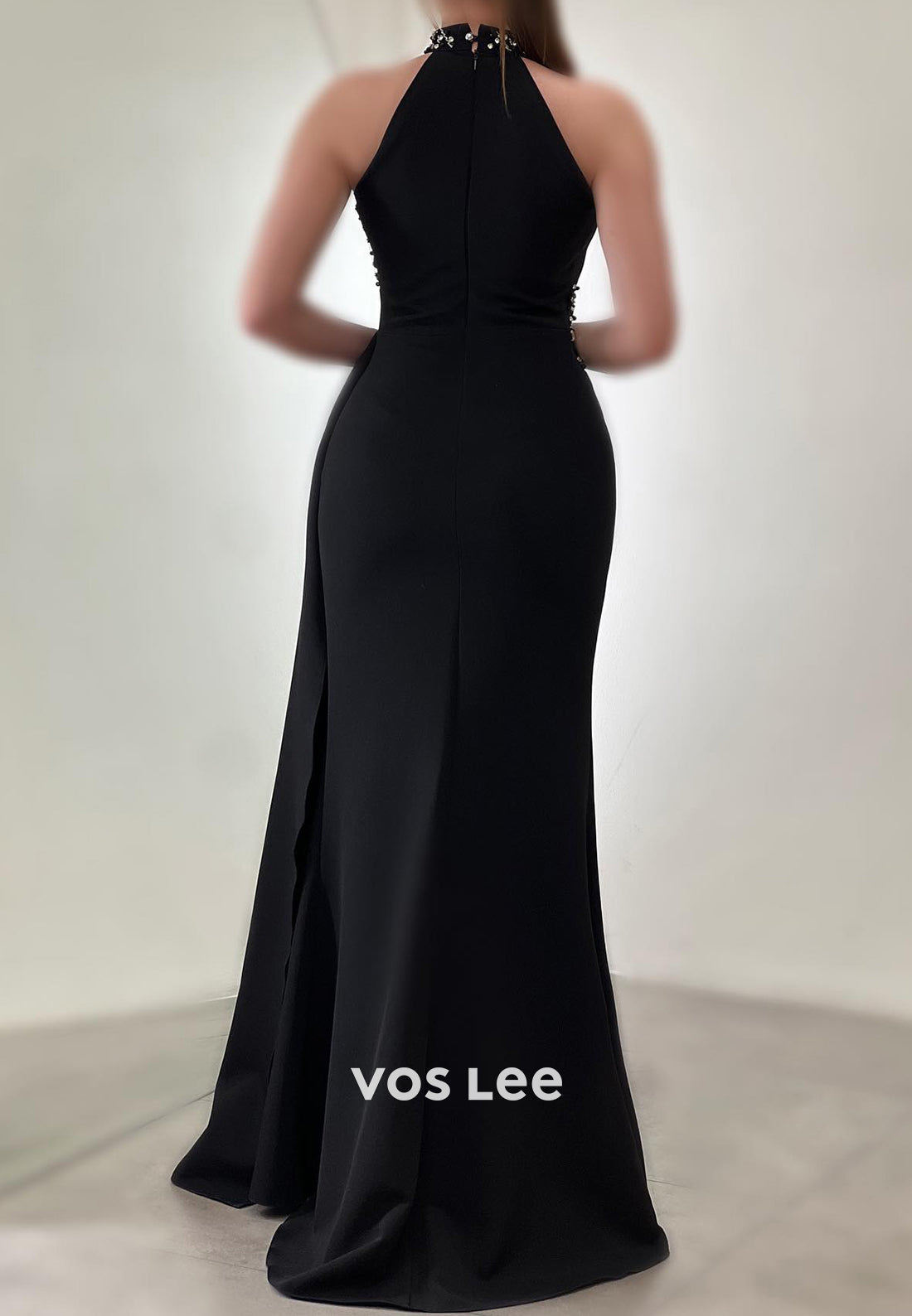 Halter Rhinestone Beading Embellished Floor-Length Mermaid Evening Dresses with Side Spilt