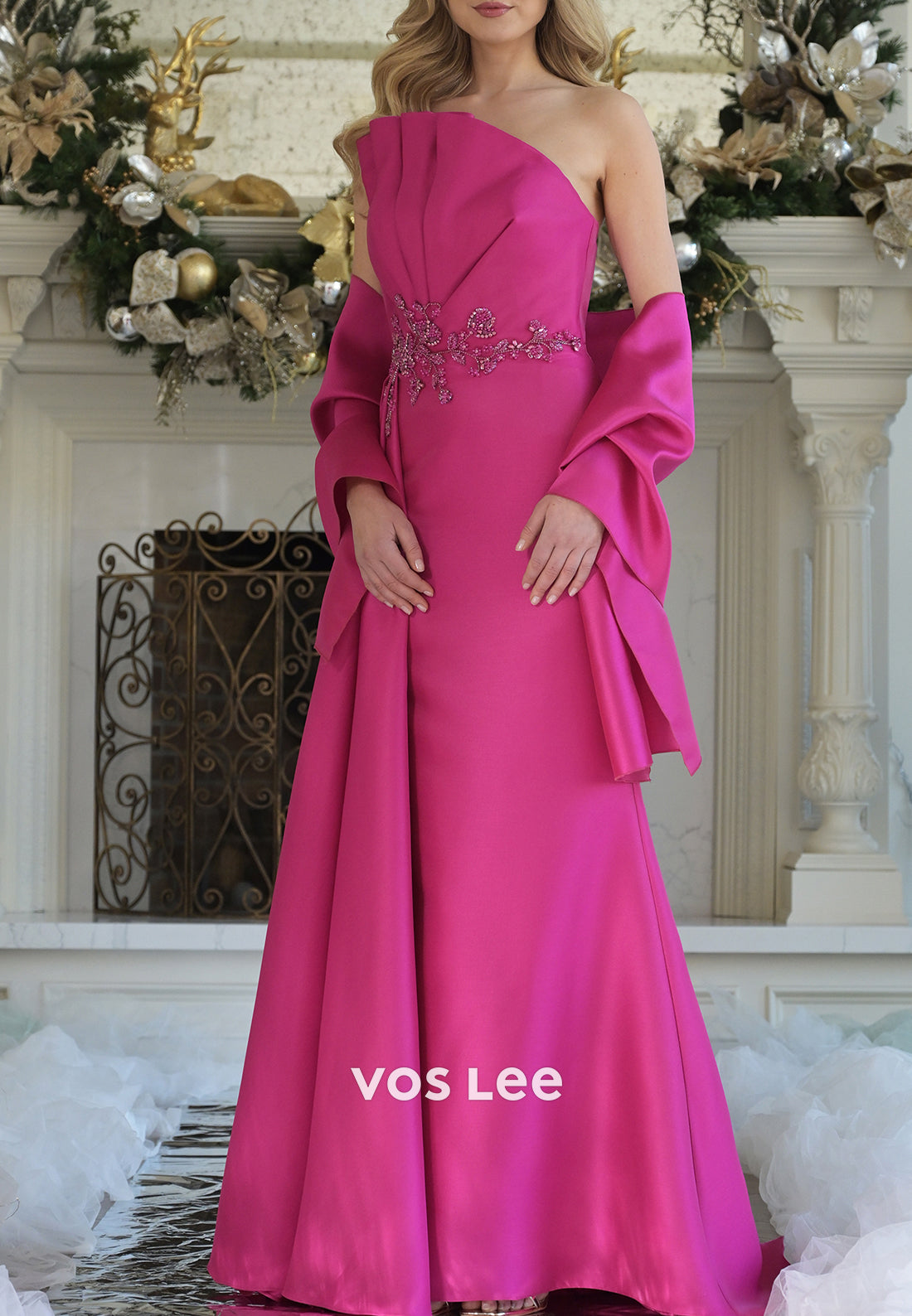 Strapless Beaded Embellished Ruched Long Sheath Mother of Bride Dresses