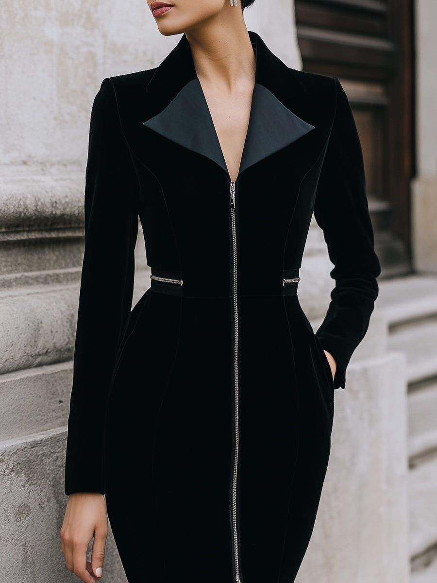 Zip-Front Velvet Sculpted Midi Dress