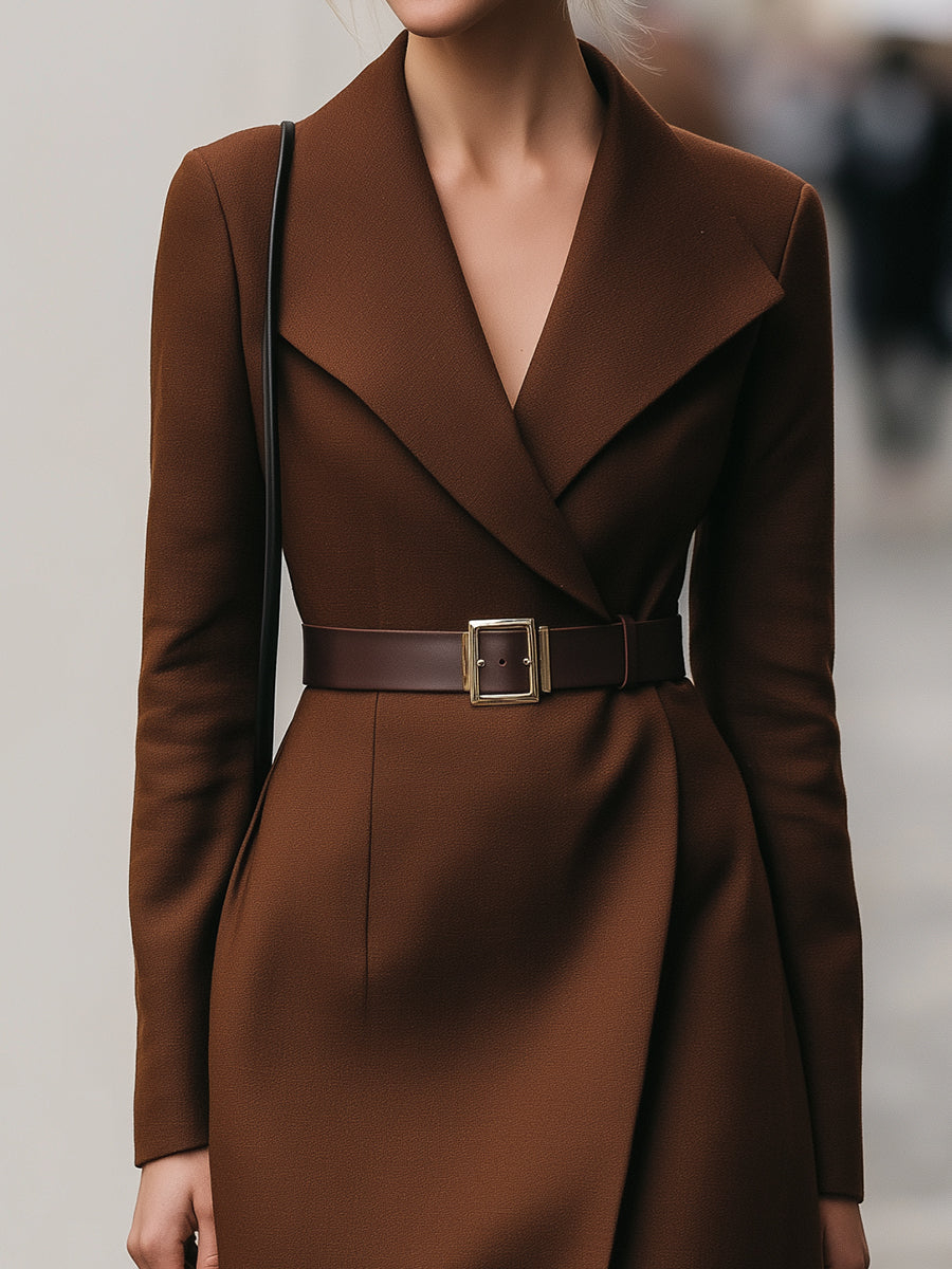 Deep Brown Belted Blazer Dress With Wide Lapel