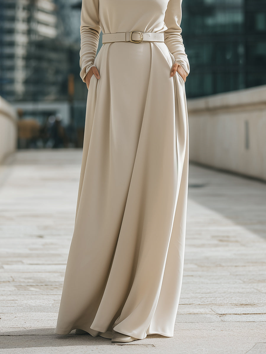 Ivory Draped High-Neck Belted Maxi Dress