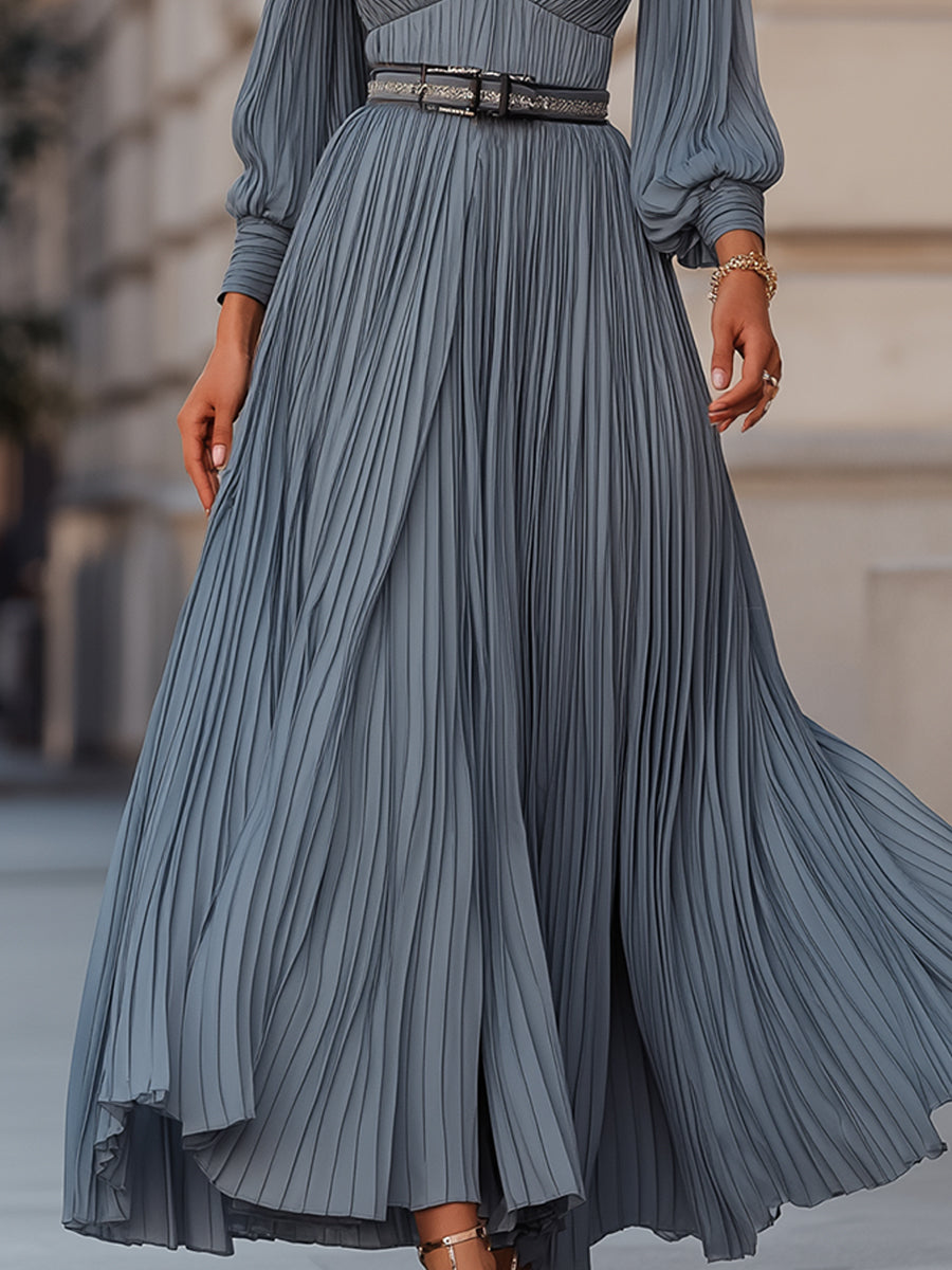 VOS LEE Steel Blue Pleated Midi Dress