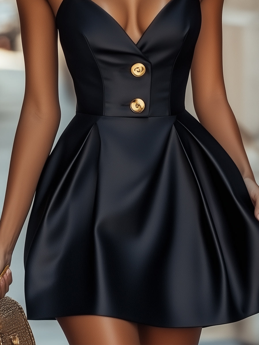Elegant Black Satin Mini Dress With Gold Button Detail Wedding Guest Dresses