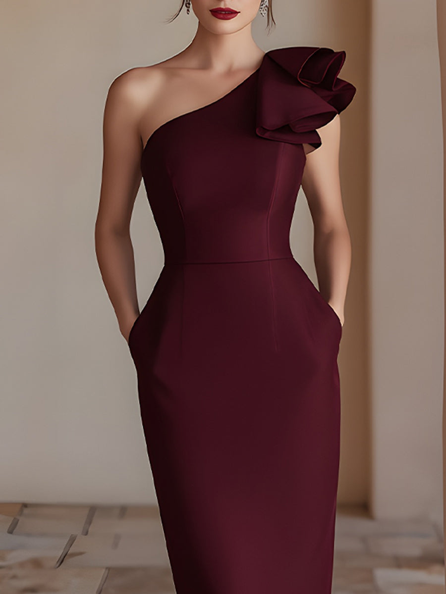 One-Shoulder Sculpted Midi Dress With Floral Detail