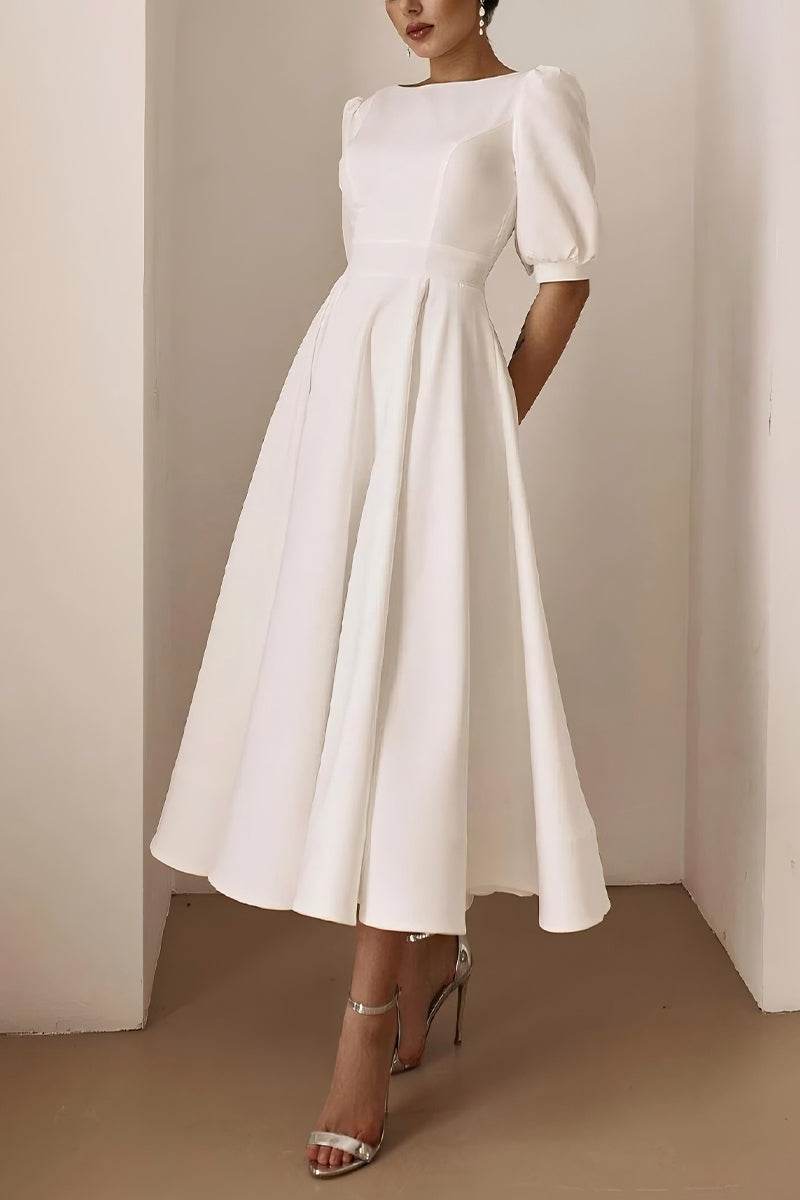 White Satin A-Line Midi Wedding Dress with Puff Sleeves and Open Back