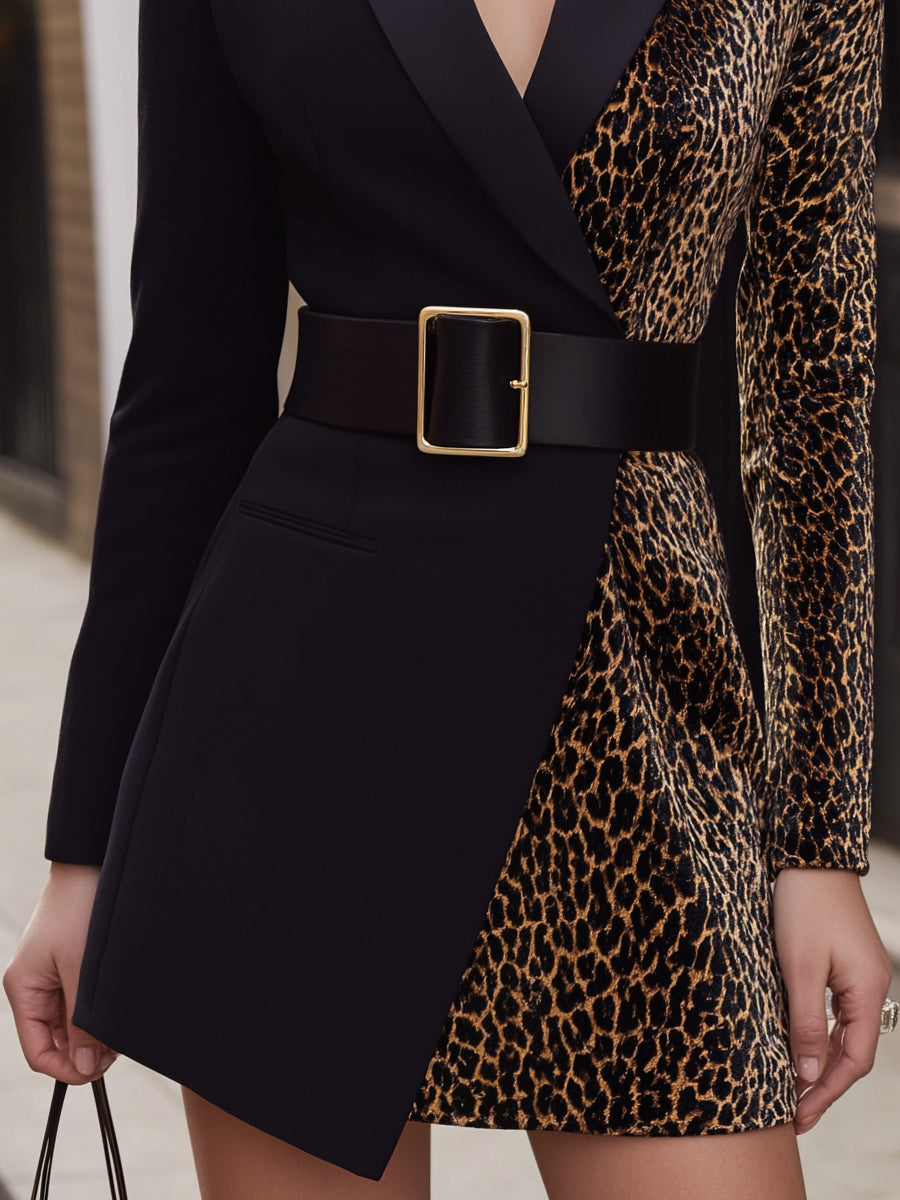 Leopard Print Blazer Dress With Satin Lapel