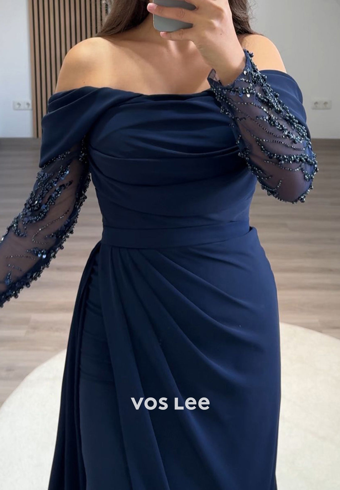 Formal Beaded Off Shoulder Sleeves with Train Sheath Evening Party Dress