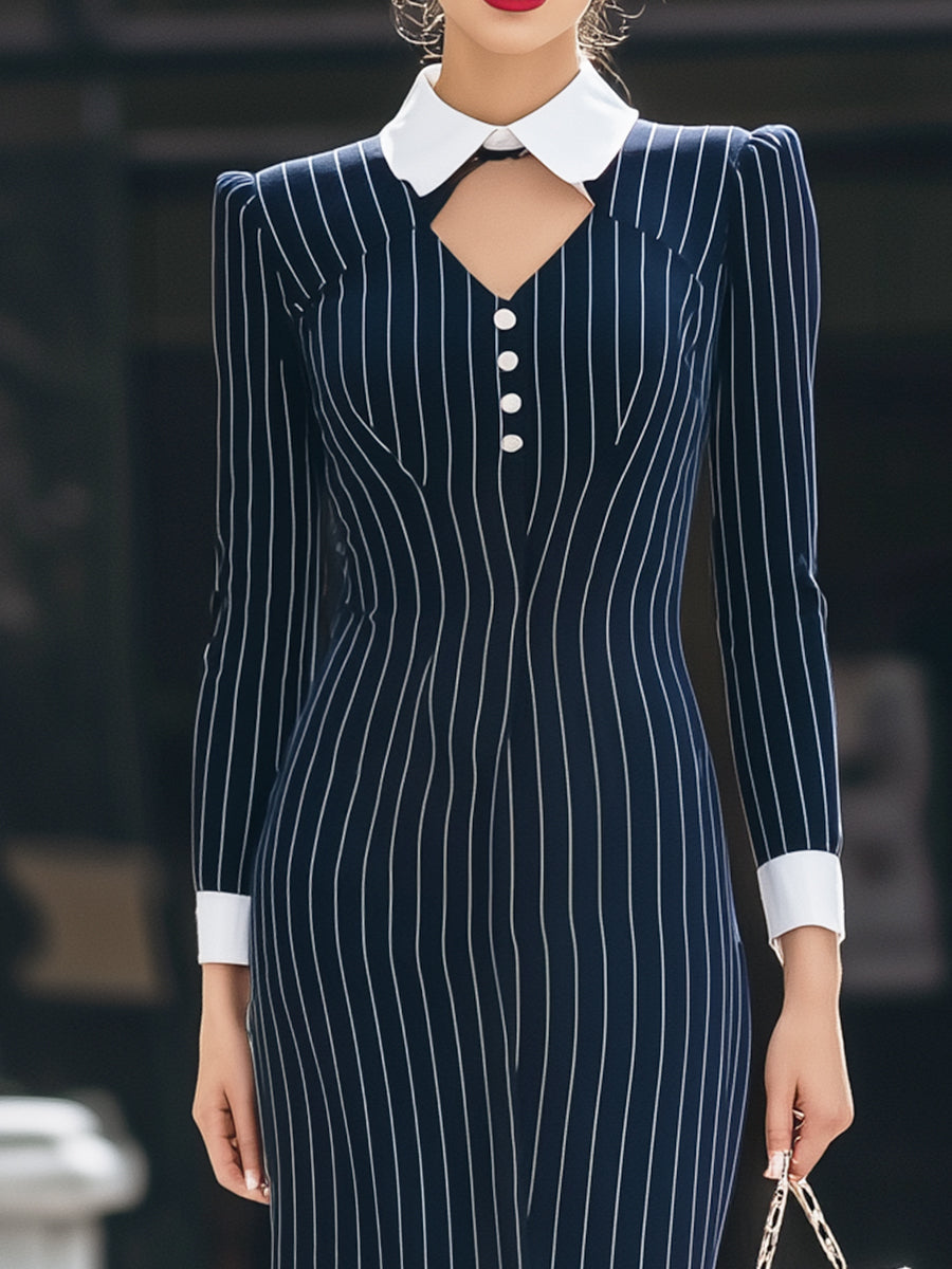 Vintage-Inspired Pinstripe Pencil Dress With White Collar