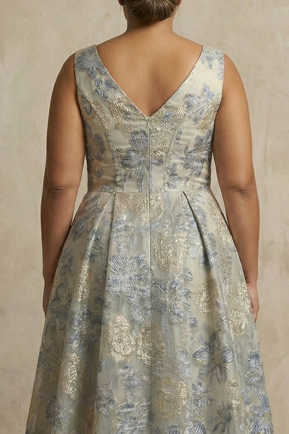 Dusty Blue A Line Jacquard V Neck Long Plus Size Mother Of The Bride Dress