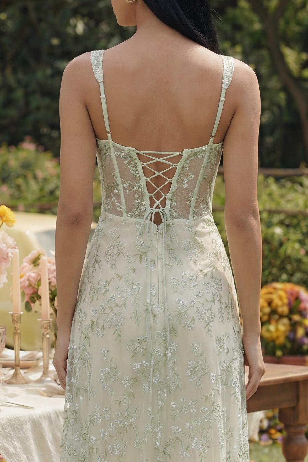 Light Green Floral Corset Long A Line Formal Dress with Slit