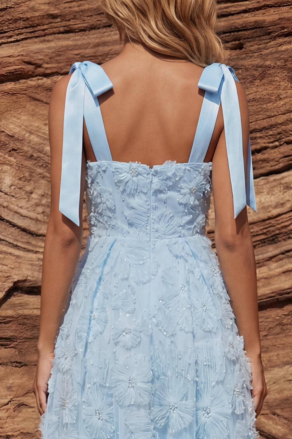 Sparkly Sky Blue A Line Floral Beaded Square Neck Long Prom Dress