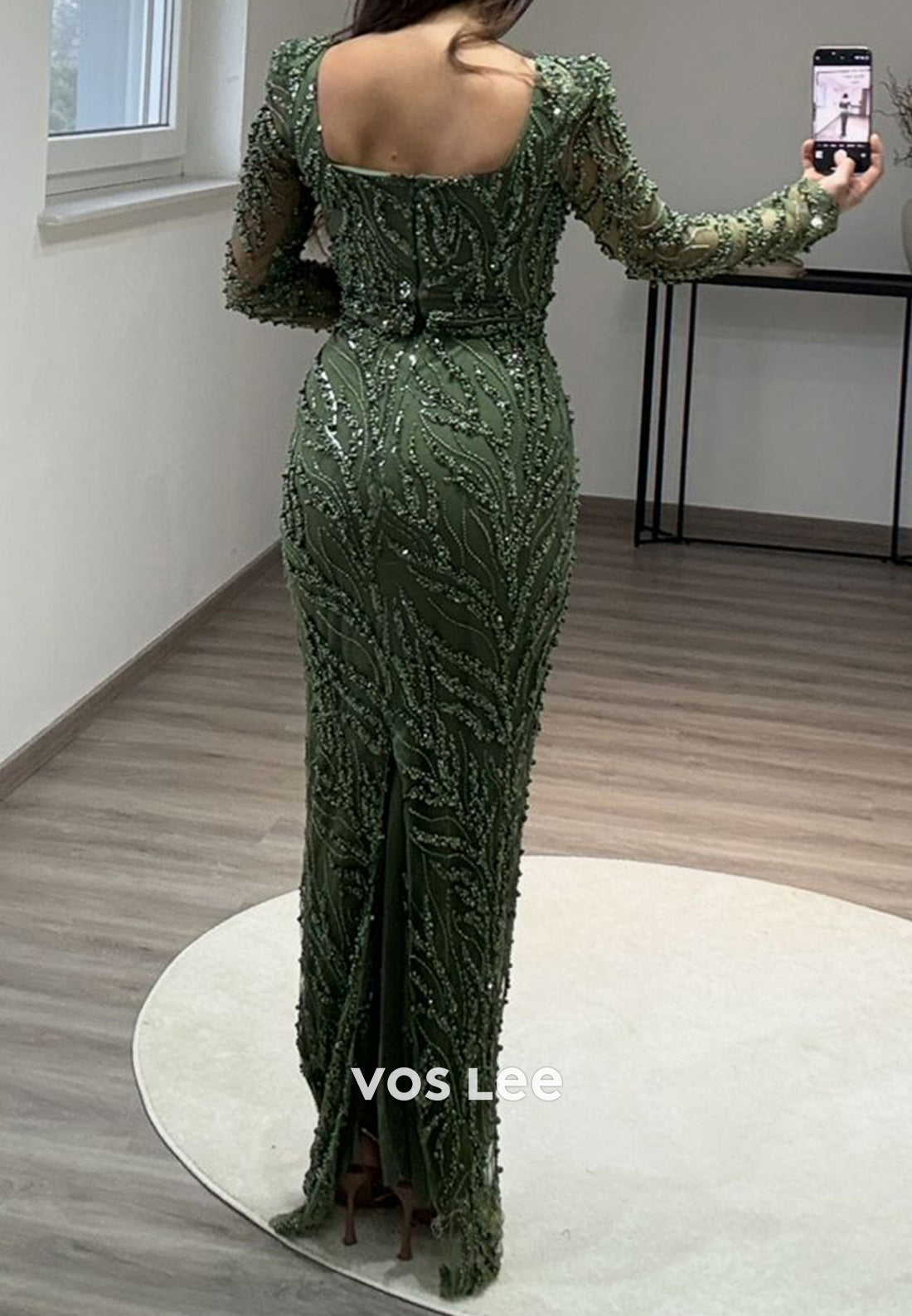 Full Beaded Square Evening Dress Long Sleeves Sheath Formal Party Gown