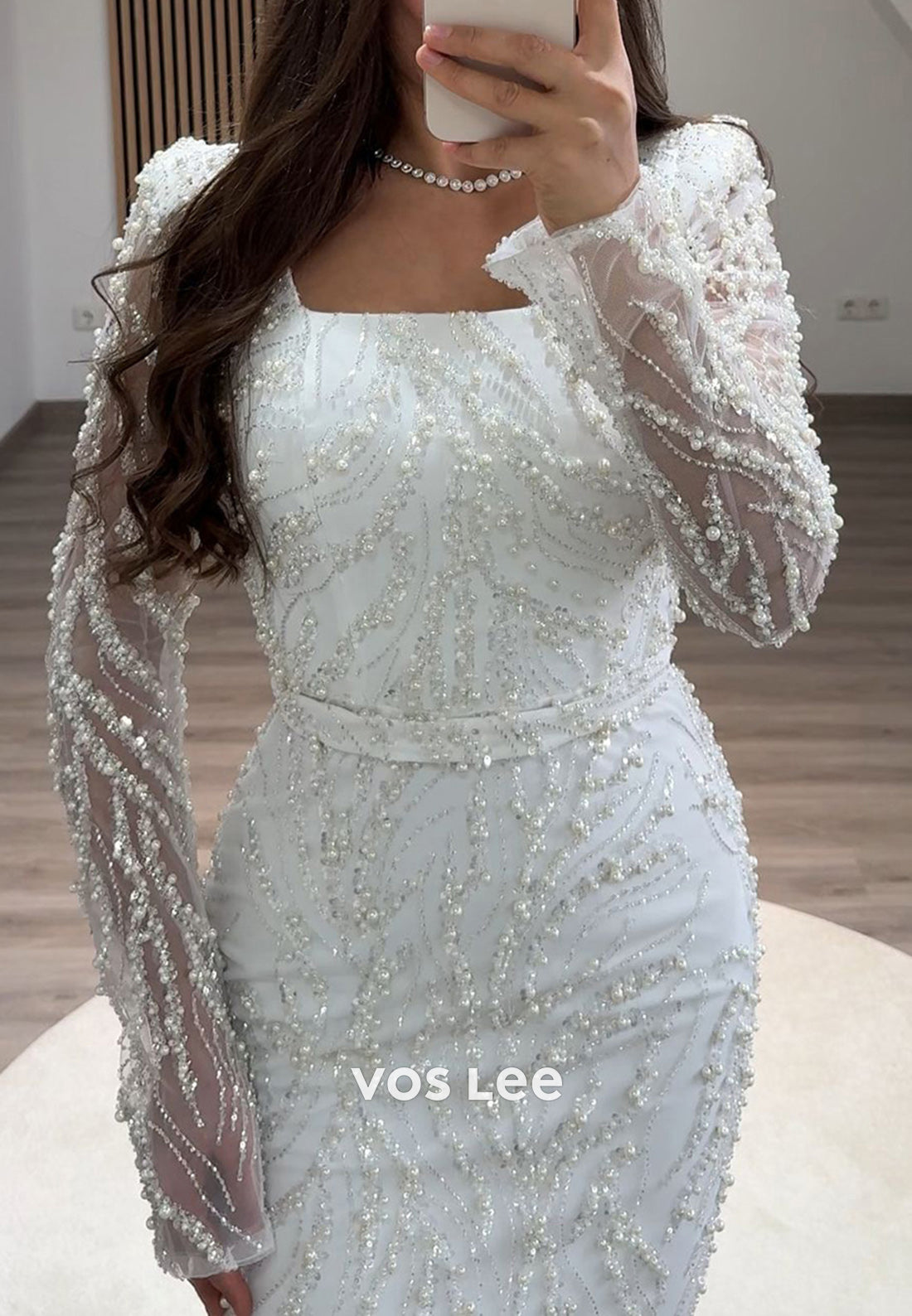 Full Beaded Square Evening Dress Long Sleeves Sheath Formal Party Gown