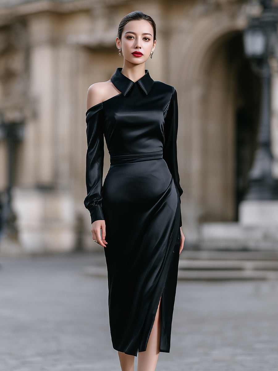 Elegant Satin Asymmetric Cold Shoulder Midi Dress