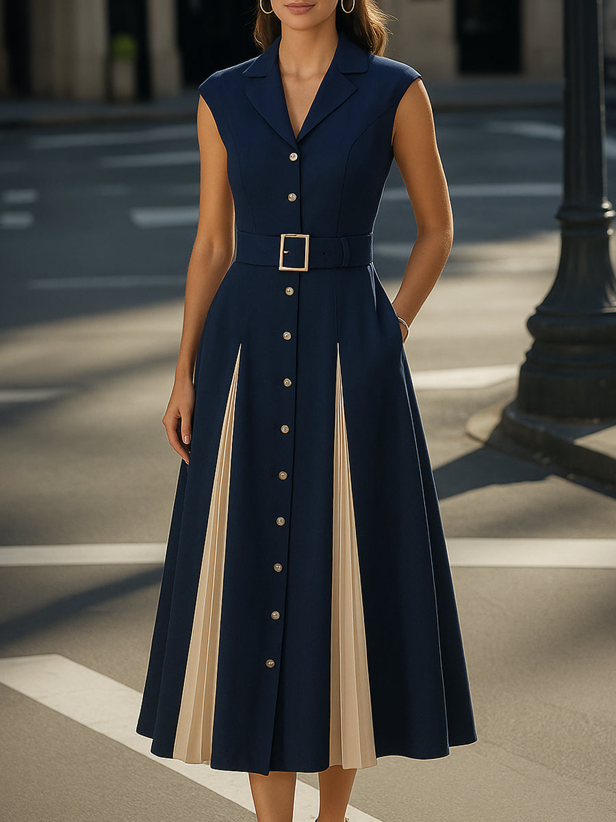 Chic Belted Midi Dress With Contrast Pleated Panels