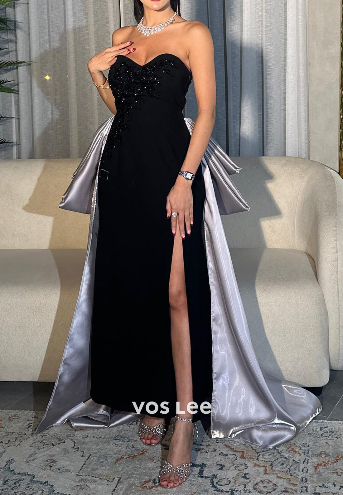 Sweetheart Strapless Beaded Sheath Evening Dresses with Sweep Train