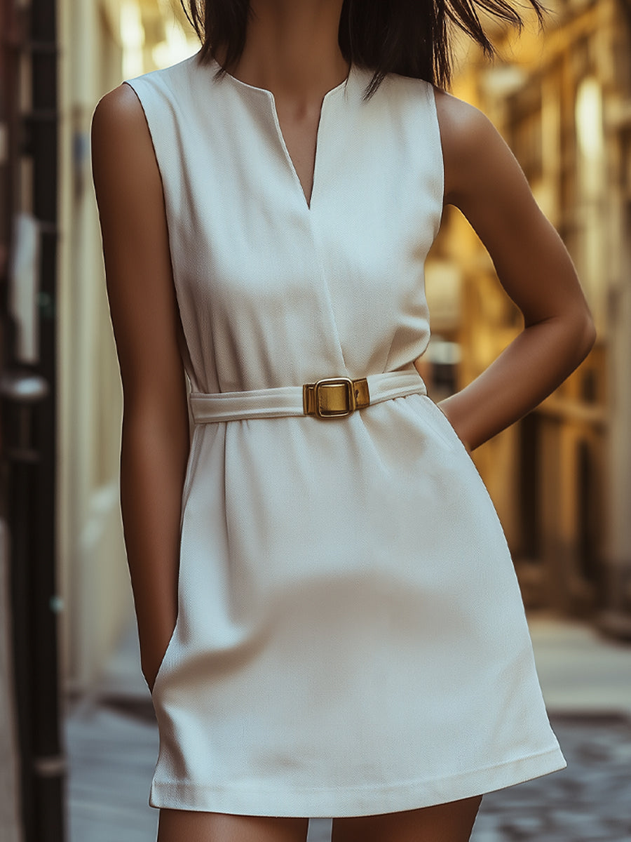 Ivory Belted Sleeveless Mini Dress Wedding Guest Dresses