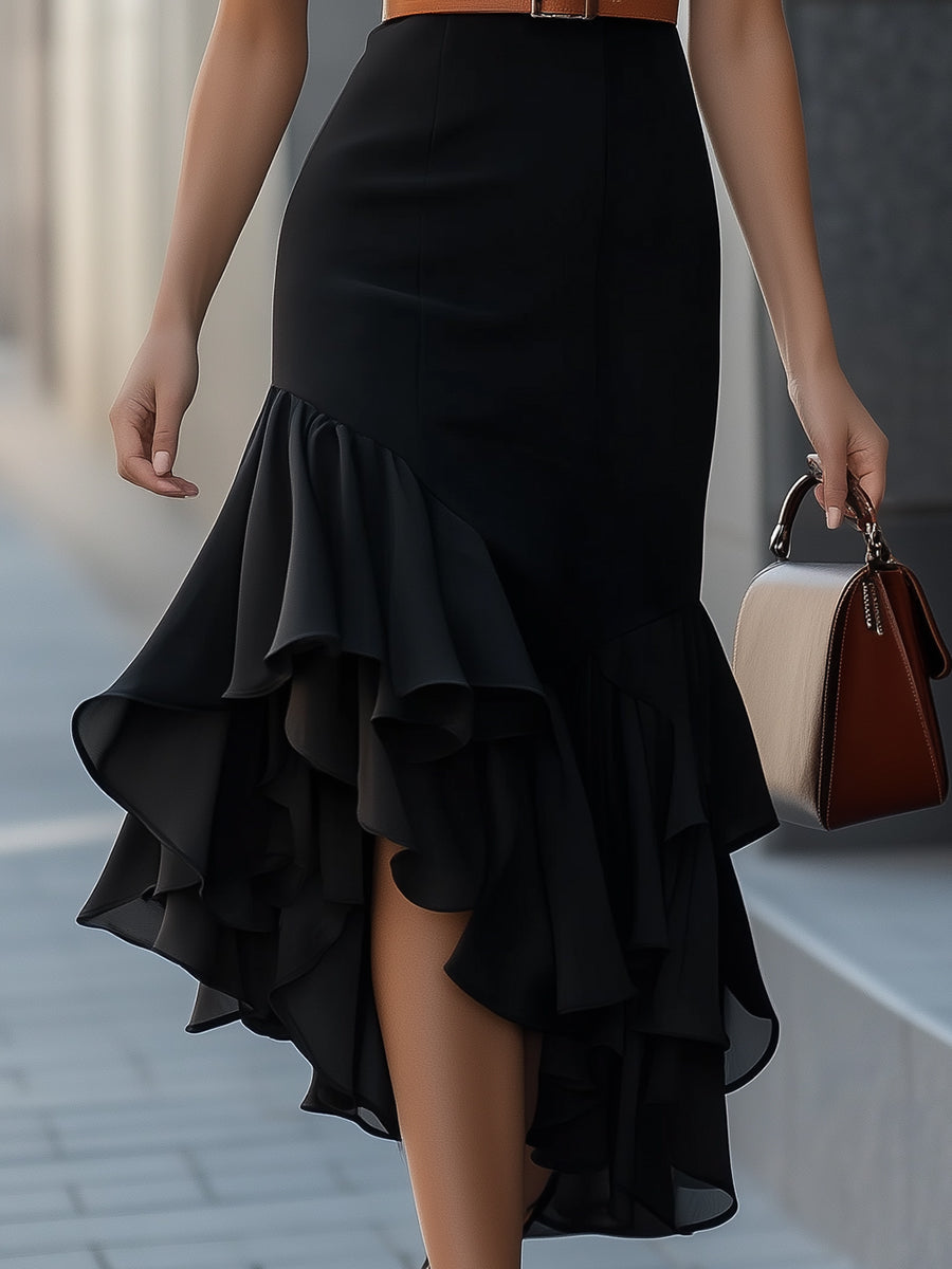 Elegant Sleeveless Black Ruffle Midi Dress With Belt