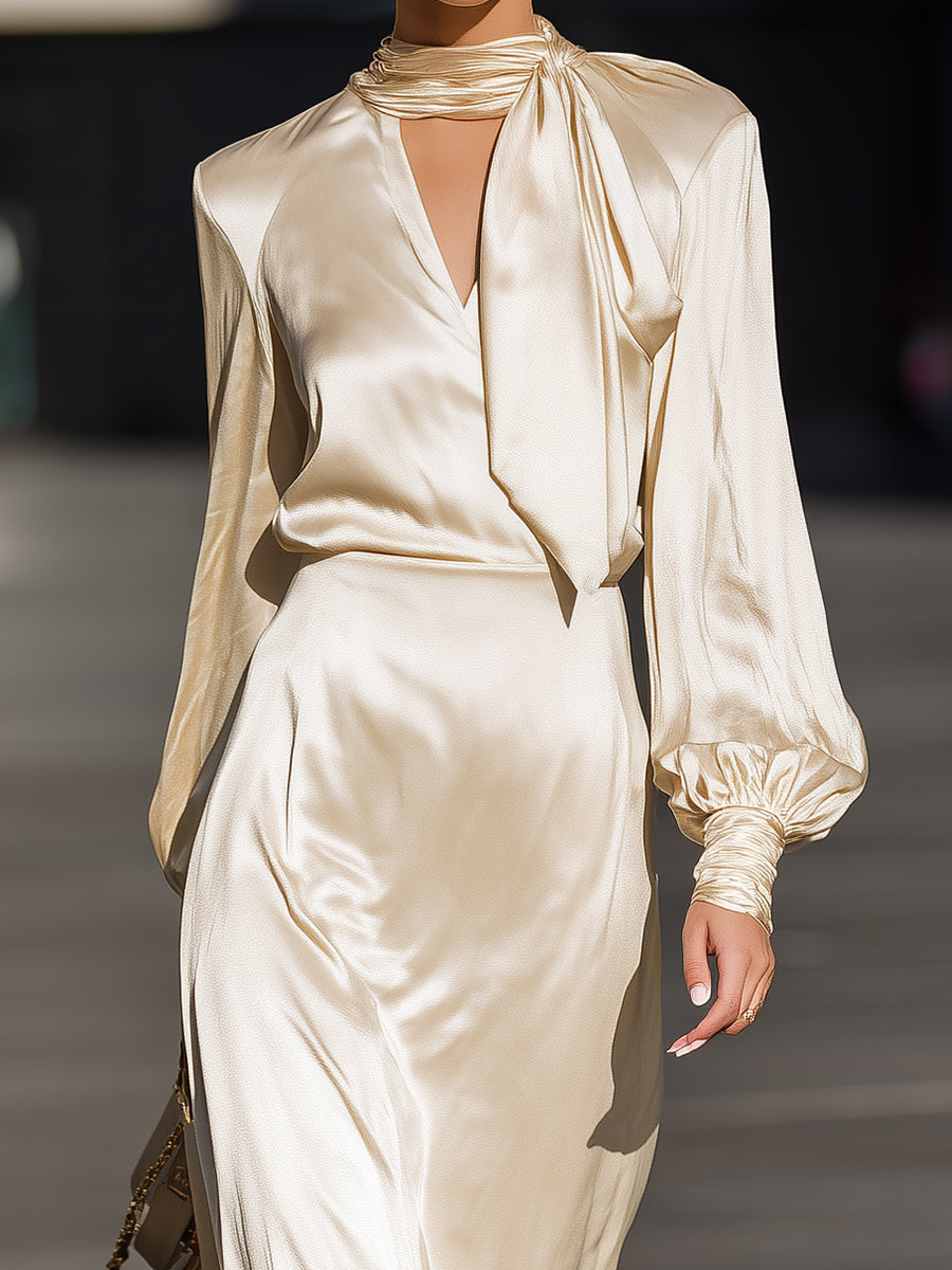 Ivory Satin Scarf-Neck Midi Dress