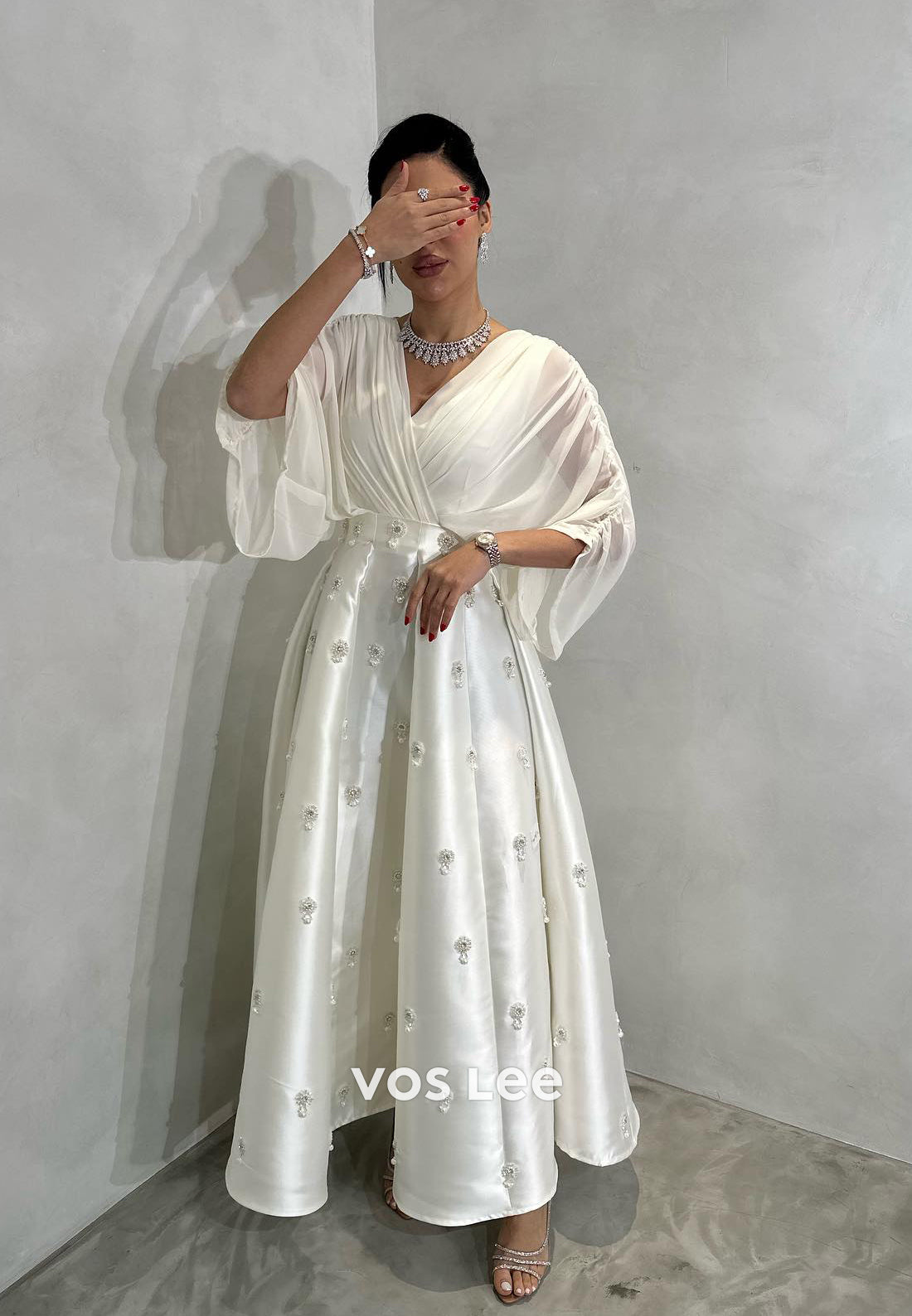 A-Line 3/4 Sleeve V Neck Beaded Pearls Pleated Ankle-Length Evening Dresses
