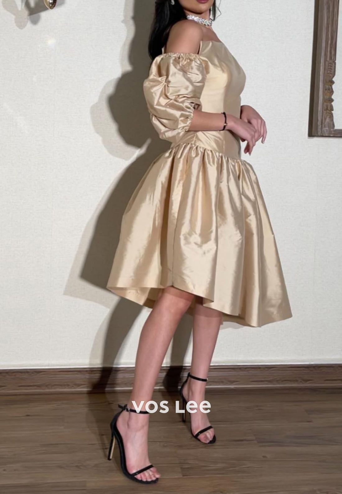 A-Line Short Sleeve Strapless Champagne Tea-Length Simple Evening Dresses