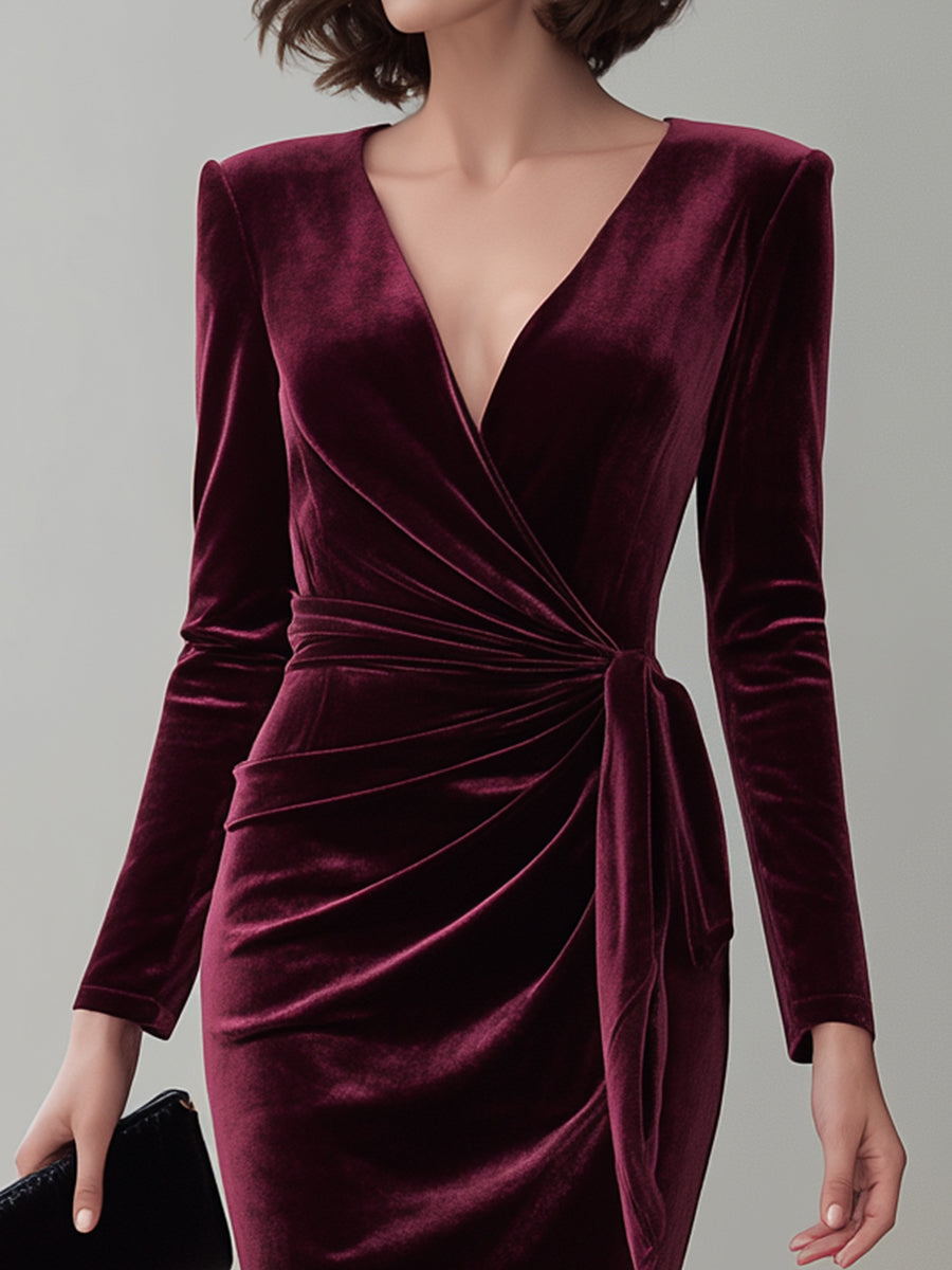 VOS LEE Burgundy Velvet Draped Midi Dress