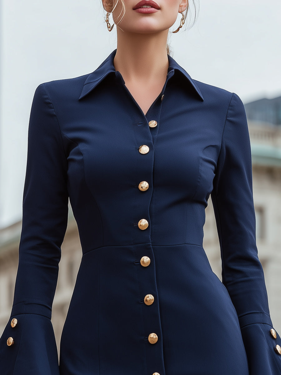 Gold-Button Shirt Dress With Flared Cuffs
