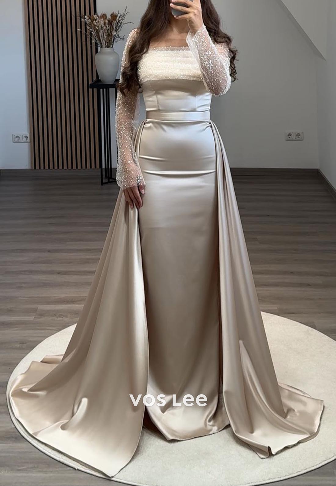 Long Sleeves Sequined Mermaid Formal Dresses with Detachable Train