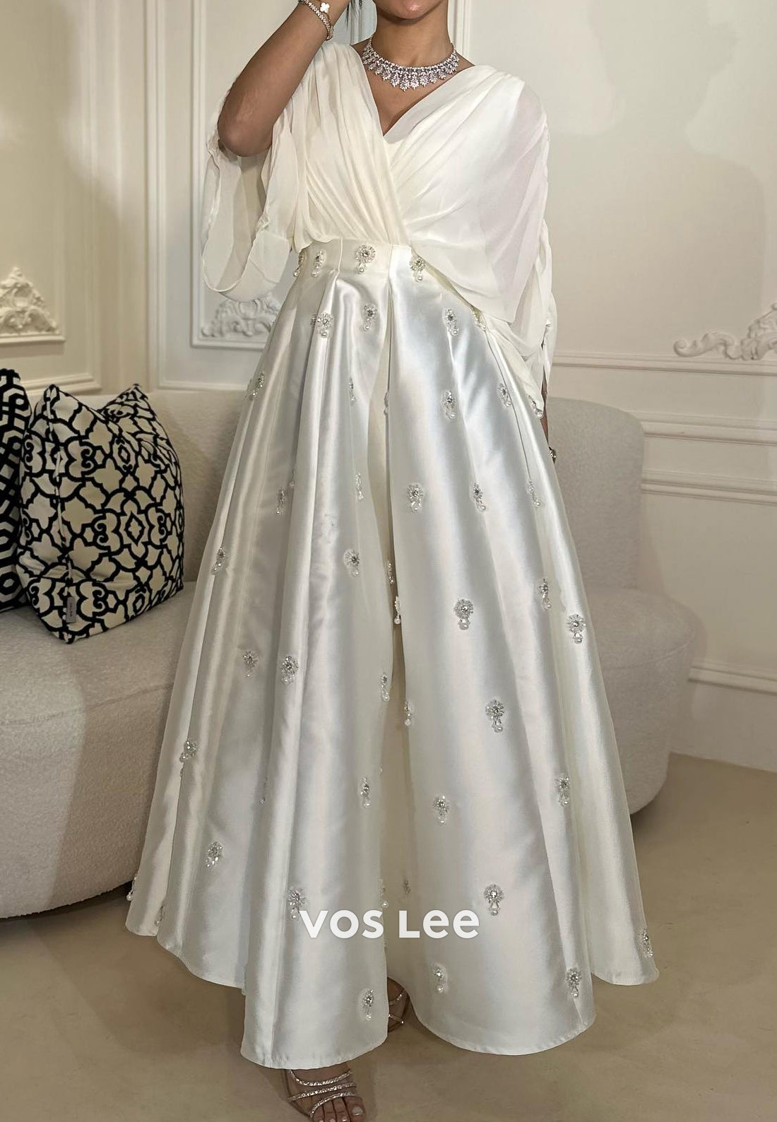 A-Line 3/4 Sleeve V Neck Beaded Pearls Pleated Ankle-Length Evening Dresses