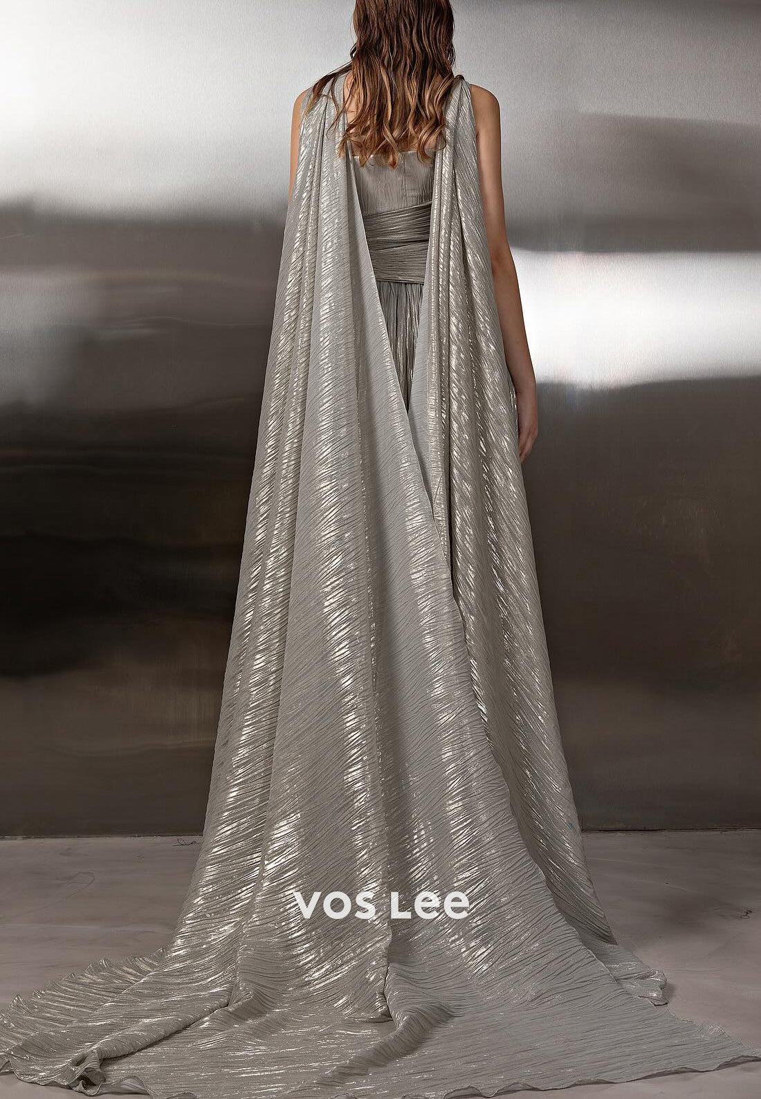 A-Line Asymmetrical Neck Flowers Pleated Evening Gowns with Sweep Train