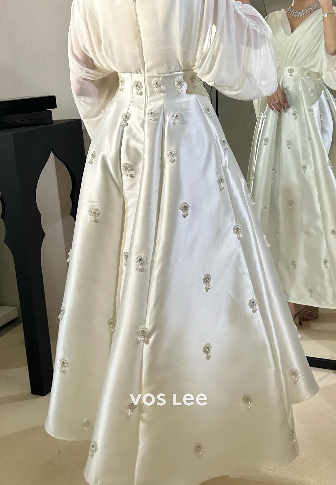 A-Line 3/4 Sleeve V Neck Beaded Pearls Pleated Ankle-Length Evening Dresses