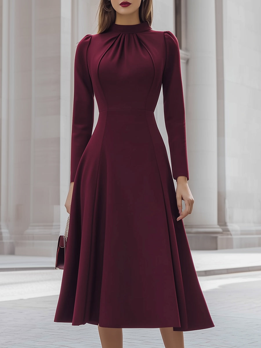 Elegant Burgundy Long Sleeve Midi Dress With Pleated Neckline