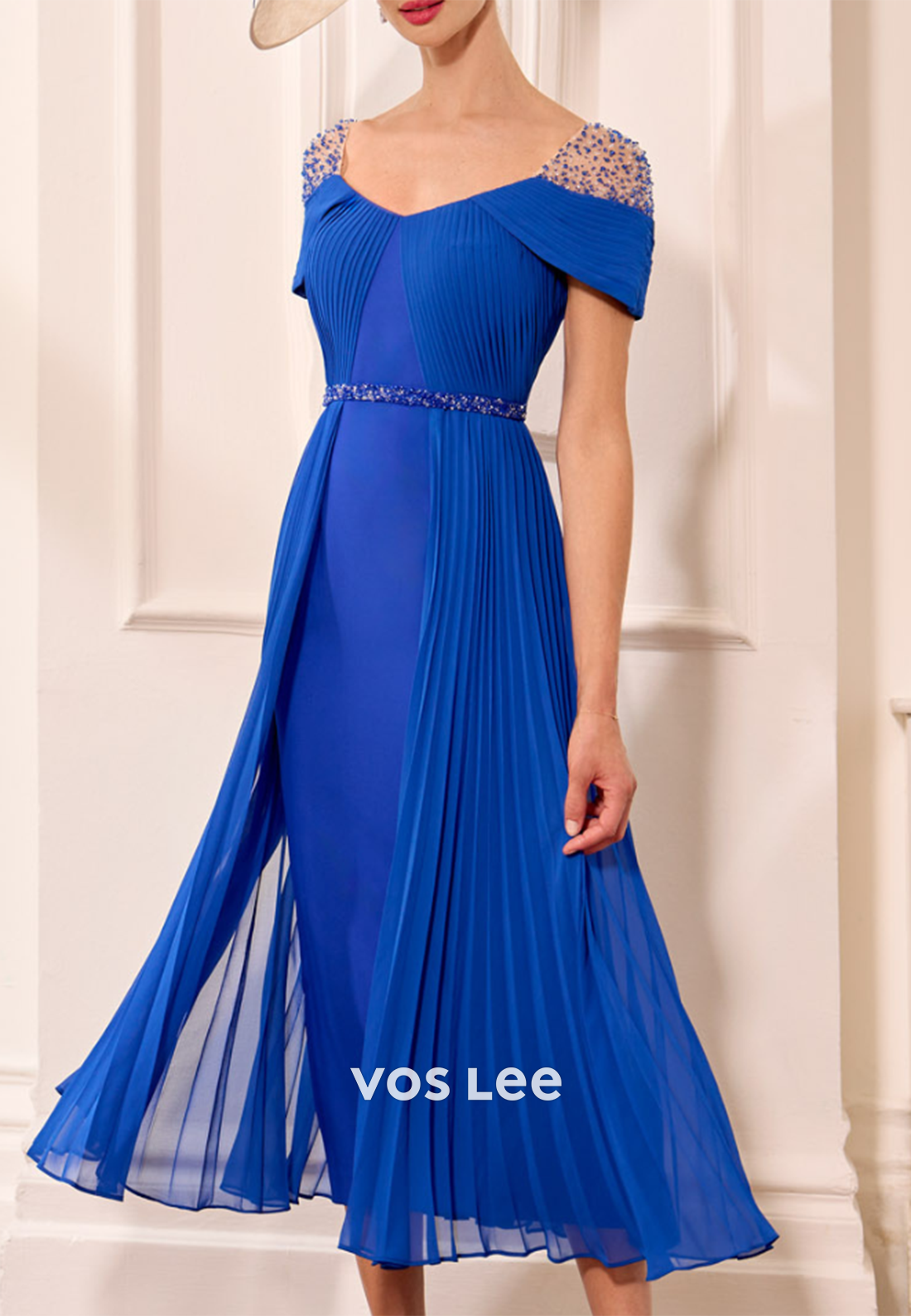 A-Line Short Sleeve Rhinestone Pleated V Neck Tea-Length Mother of Bride Dresses