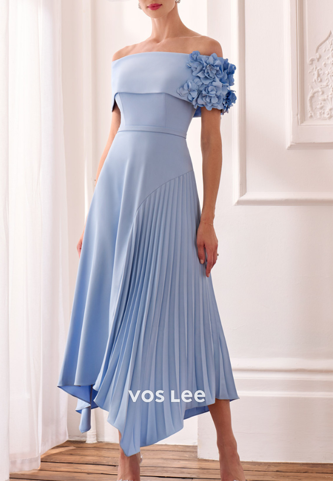 A-Line Off the Shoulder Floral Embossed Tea-Length Ruched Mother of Bride Dresses