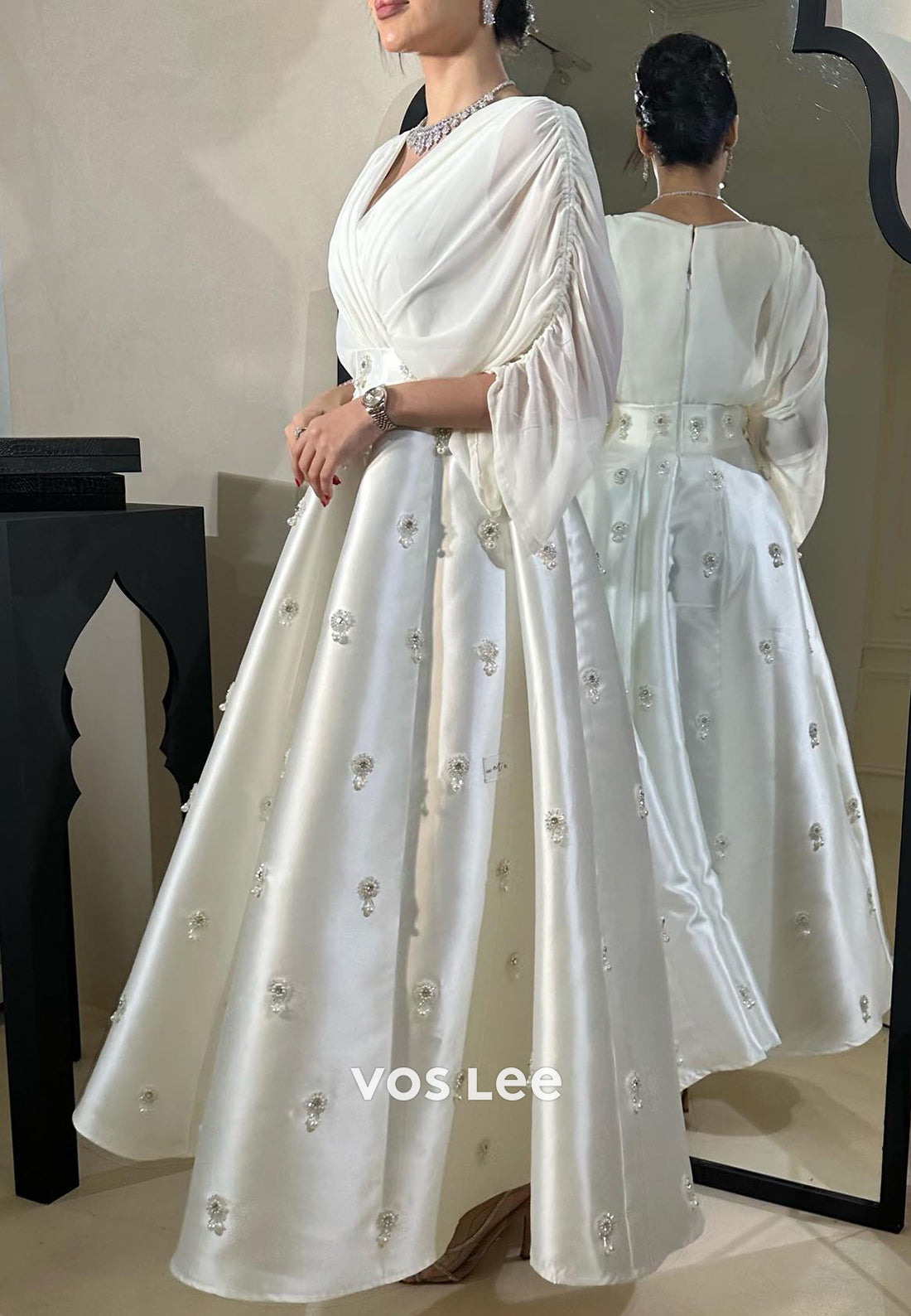 A-Line 3/4 Sleeve V Neck Beaded Pearls Pleated Ankle-Length Evening Dresses