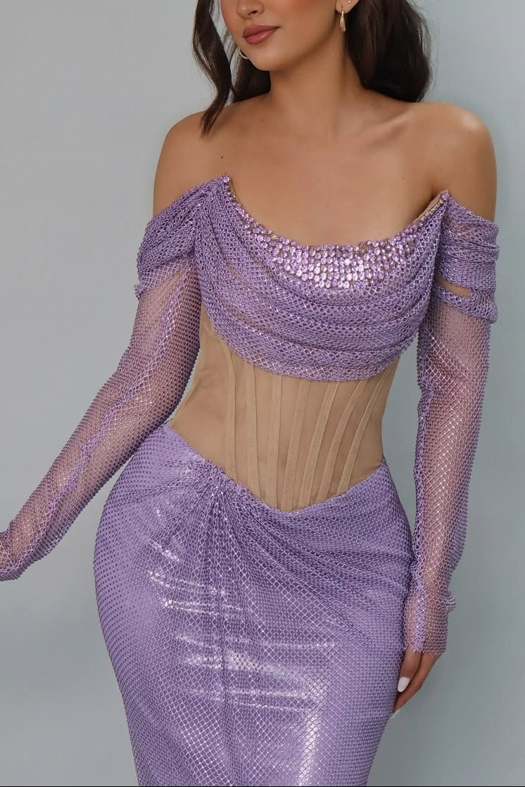 Lilac Long Sleeves Off-the-Shoulder Mermaid Evening Gowns Beads With Pleats