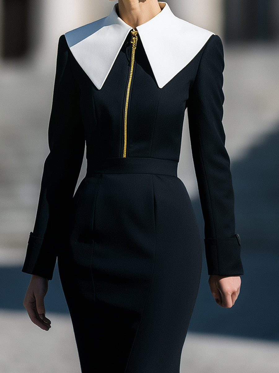 Black Midi Dress With Oversized Contrast Collar And Gold Zip